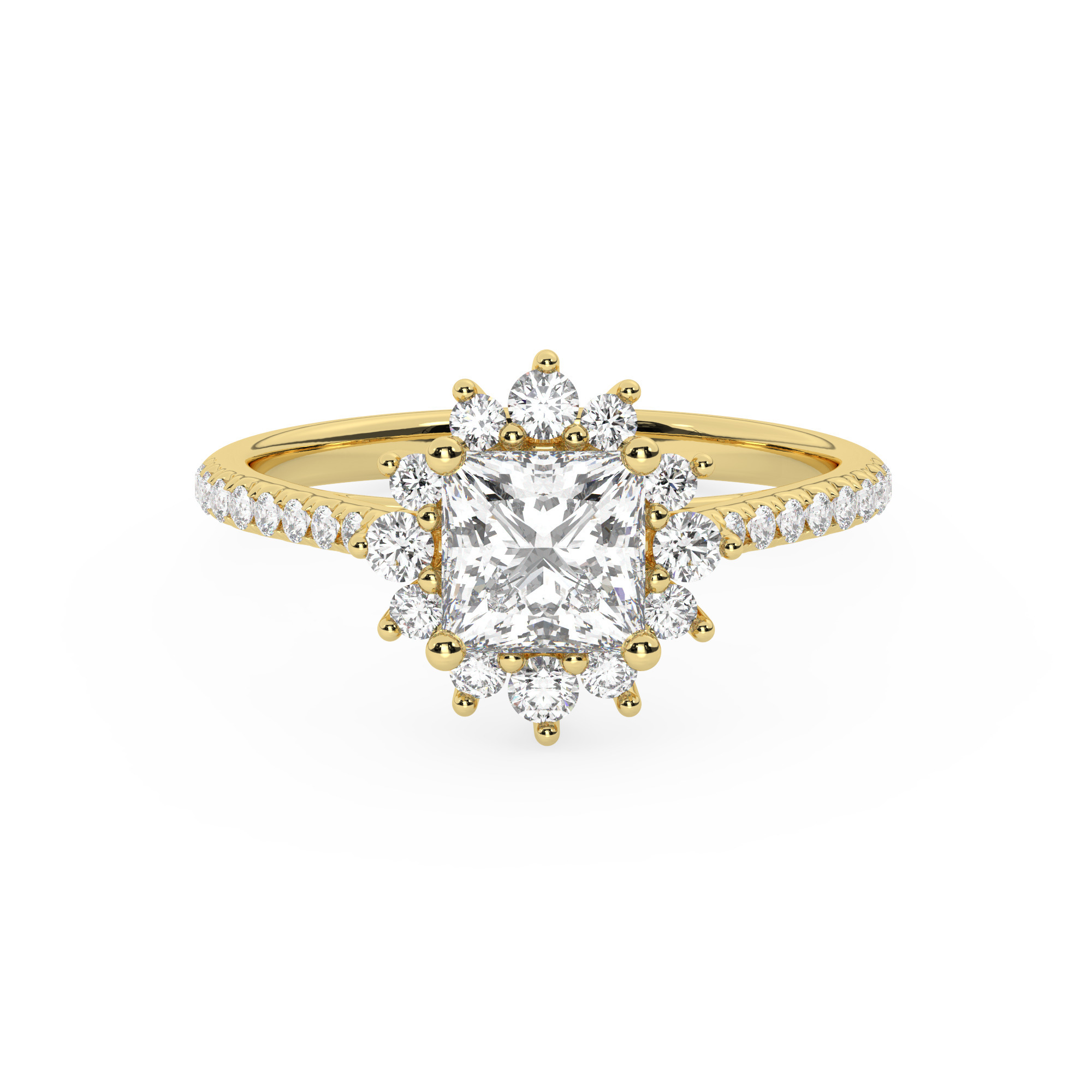 טבעת אירוסין היילו דגם 50024 כסף מצופה זהב צהוב במרכז יהלום מעבדה 1.50 קראט בחיתוך פרינסס עם תעודה גמולוגית אירופאית IGI מסביב ובצדדים יהלומי מעבדה במשקל כולל של 0.39 קראט בחיתוך עגול – תמונה 2