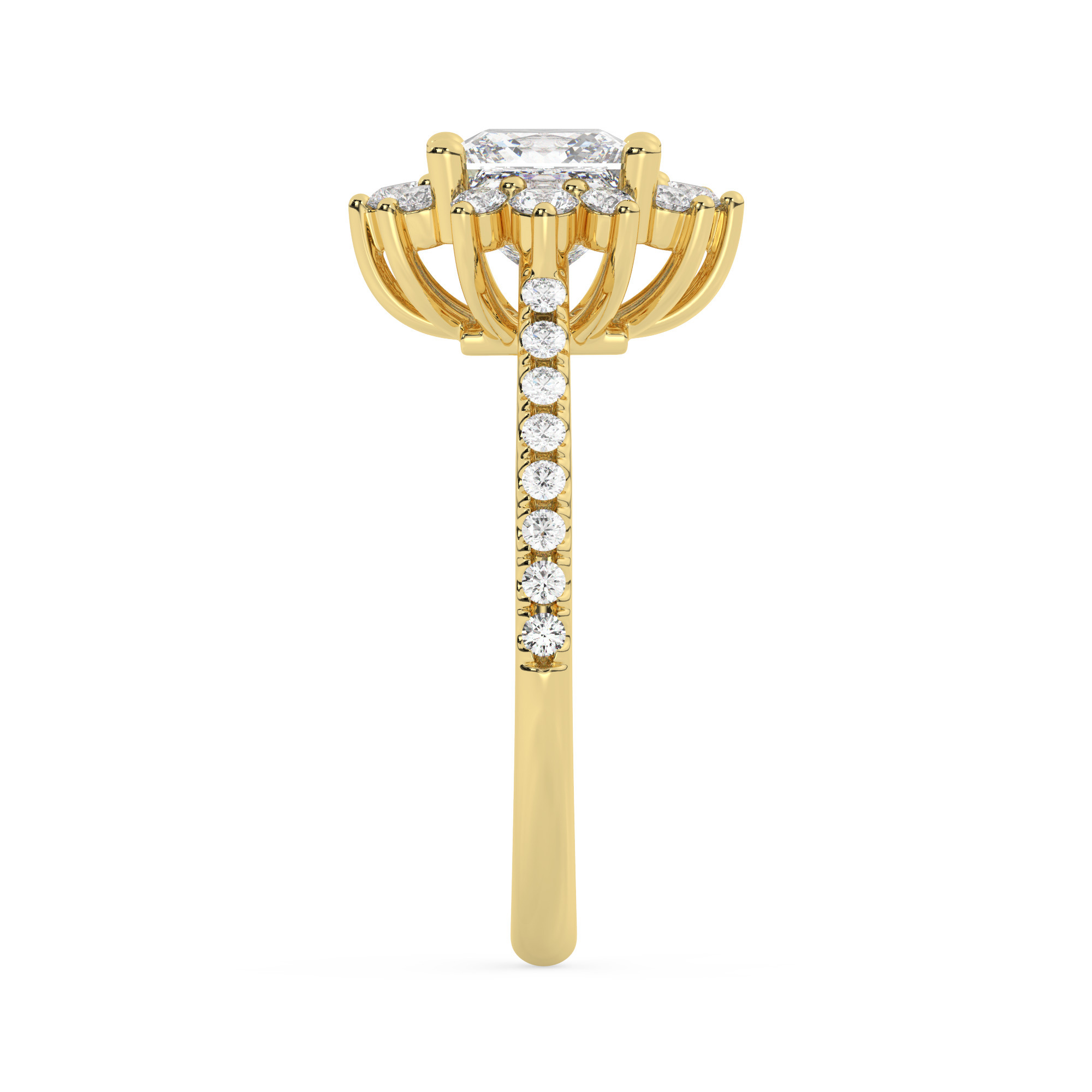 טבעת אירוסין היילו דגם 50024 כסף מצופה זהב צהוב במרכז אבן מעבדה מוסונייט 1.50 קראט בחיתוך פרינסס עם תעודה גמולוגית בינלאומית GRA מסביב ובצדדים אבני מעבדה מוסונייט במשקל כולל של 0.39 קראט בחיתוך עגול – תמונה 4