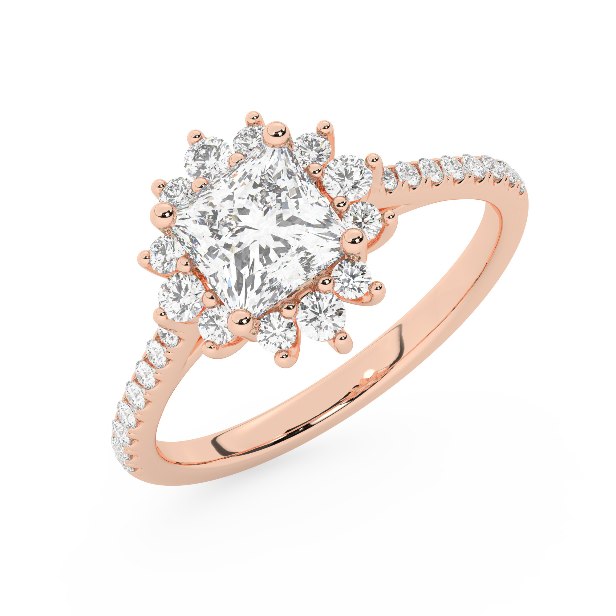 טבעת אירוסין היילו דגם 50024 כסף מצופה זהב אדום רוזגולד במרכז אבן מעבדה מוסונייט 1.50 קראט בחיתוך פרינסס עם תעודה גמולוגית בינלאומית GRA מסביב ובצדדים אבני מעבדה מוסונייט במשקל כולל של 0.39 קראט בחיתוך עגול