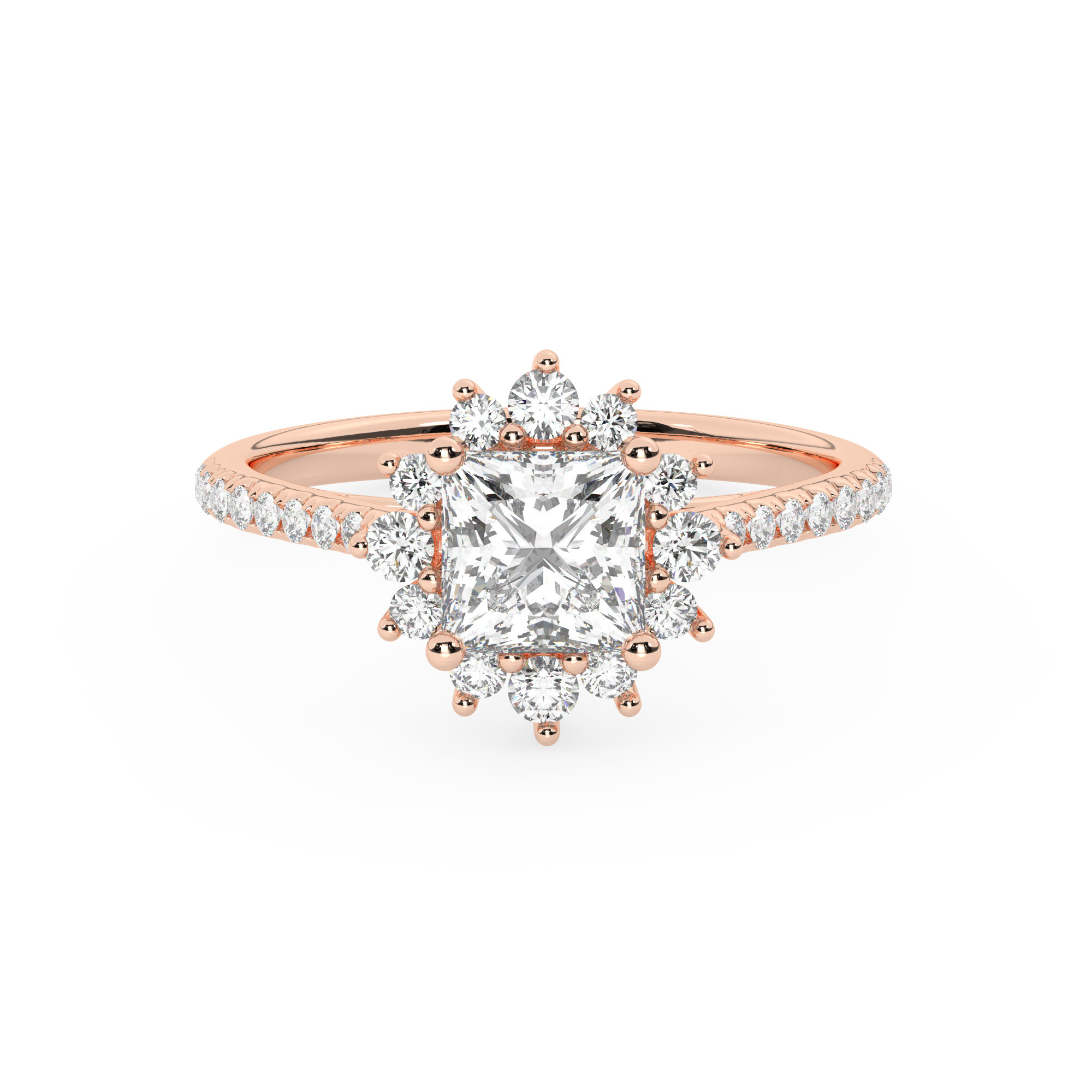 טבעת אירוסין היילו דגם 50024 כסף מצופה זהב אדום רוזגולד במרכז יהלום מעבדה 3 קראט בחיתוך פרינסס עם תעודה גמולוגית אירופאית IGI מסביב ובצדדים יהלומי מעבדה במשקל כולל של 0.56 קראט בחיתוך עגול – תמונה 2