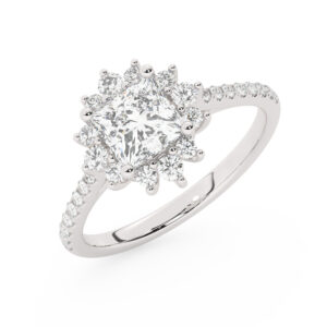 טבעת אירוסין היילו דגם 50024 כסף מצופה זהב לבן במרכז אבן מעבדה מוסונייט 0.50 קראט בחיתוך פרינסס עם תעודה גמולוגית מסביב ובצדדים אבני מעבדה מוסונייט במשקל כולל של 0.39 קראט בחיתוך עגול