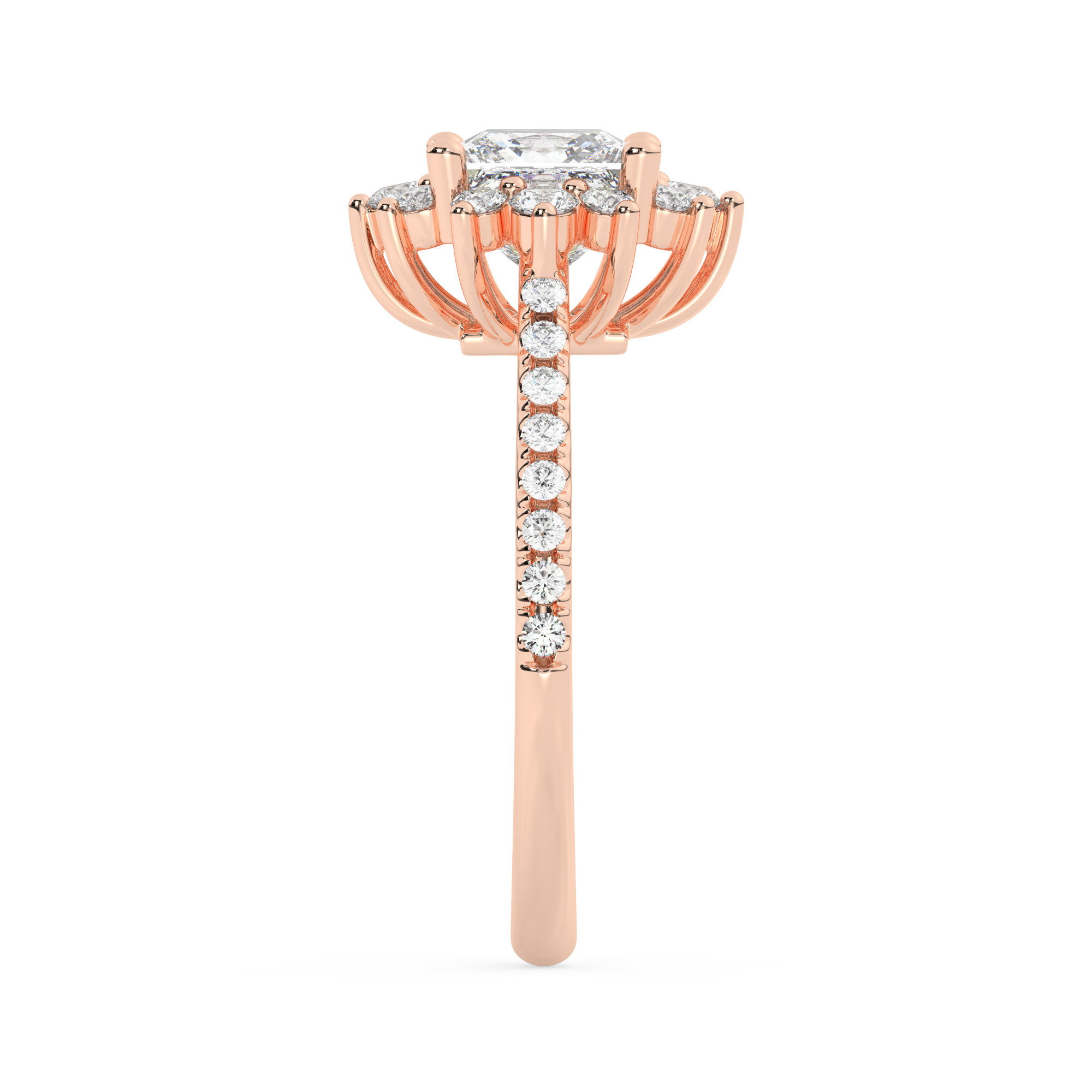 טבעת אירוסין היילו דגם 50024 כסף מצופה זהב אדום רוזגולד במרכז אבן מעבדה מוסונייט 0.75 קראט בחיתוך פרינסס עם תעודה גמולוגית מסביב ובצדדים אבני מעבדה מוסונייט במשקל כולל של 0.39 קראט בחיתוך עגול – תמונה 4