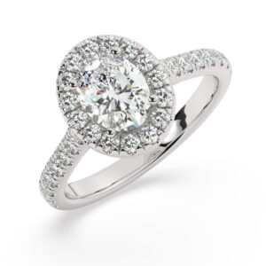 טבעת אירוסין היילו דגם 50026 כסף מצופה זהב לבן במרכז אבן מעבדה מוסונייט 1.50 קראט בחיתוך אובל עם תעודה גמולוגית בינלאומית GRA מסביב ובצדדים אבני מעבדה מוסונייט במשקל כולל של 0.62 קראט בחיתוך עגול