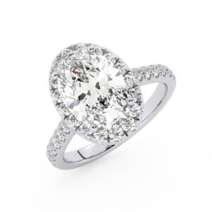 טבעת אירוסין היילו דגם 50026 כסף מצופה זהב לבן במרכז אבן מעבדה מוסונייט 3 קראט בחיתוך אובל עם תעודה גמולוגית בינלאומית GRA מסביב ובצדדים אבני מעבדה מוסונייט במשקל כולל של 0.72 קראט בחיתוך עגול