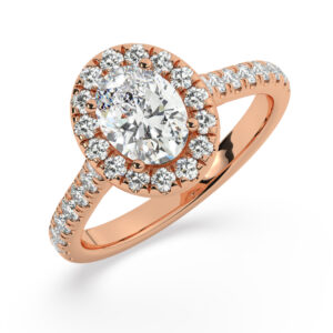 טבעת אירוסין היילו דגם 50026 כסף מצופה זהב אדום רוזגולד במרכז אבן מעבדה מוסונייט 0.50 קראט בחיתוך אובל עם תעודה גמולוגית מסביב ובצדדים אבני מעבדה מוסונייט במשקל כולל של 0.54 קראט בחיתוך עגול