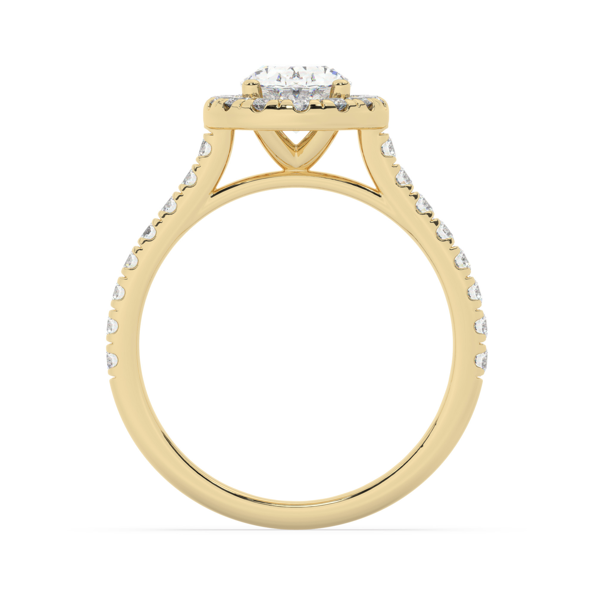 טבעת אירוסין היילו דגם 50026 כסף מצופה זהב צהוב במרכז יהלום מעבדה 0.75 קראט בחיתוך אובל עם תעודה גמולוגית מסביב ובצדדים יהלומי מעבדה במשקל כולל של 0.58 קראט בחיתוך עגול – תמונה 3