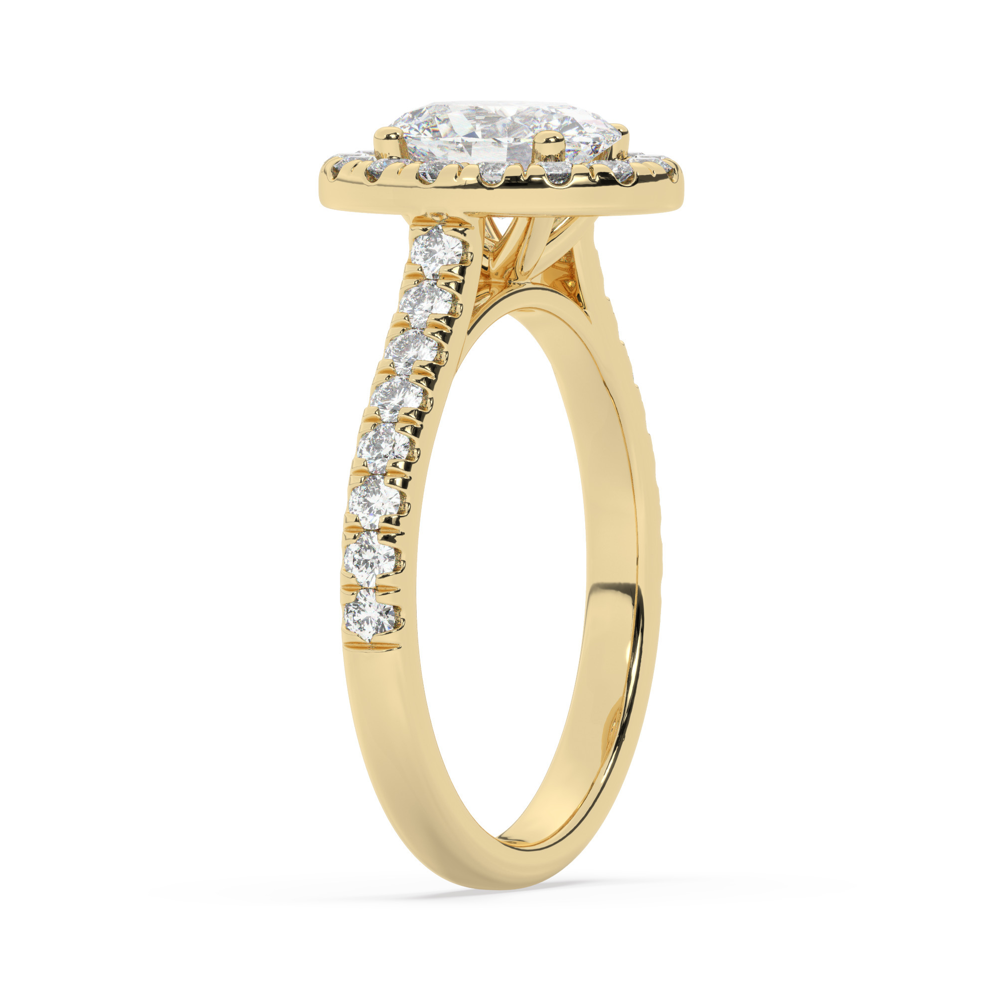 טבעת אירוסין היילו דגם 50026 כסף מצופה זהב צהוב במרכז יהלום מעבדה 0.75 קראט בחיתוך אובל עם תעודה גמולוגית מסביב ובצדדים יהלומי מעבדה במשקל כולל של 0.58 קראט בחיתוך עגול – תמונה 4