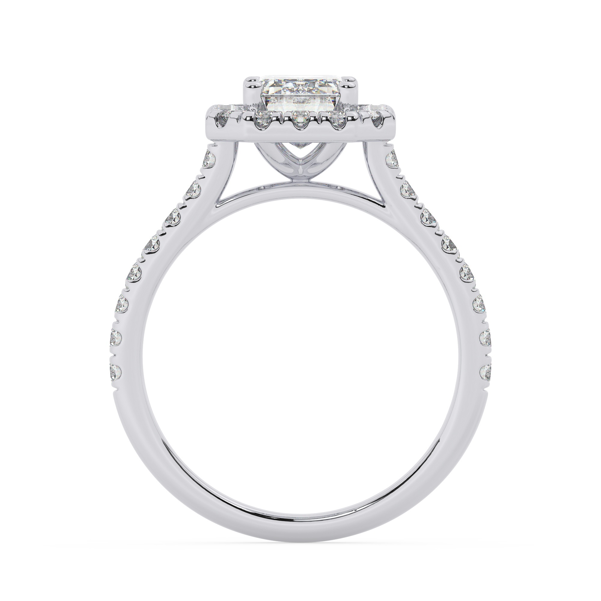 טבעת אירוסין היילו דגם 50026 כסף מצופה זהב לבן במרכז יהלום מעבדה 1.50 קראט בחיתוך אמרלד עם תעודה גמולוגית אירופאית IGI מסביב ובצדדים יהלומי מעבדה במשקל כולל של 0.62 קראט בחיתוך עגול – תמונה 3