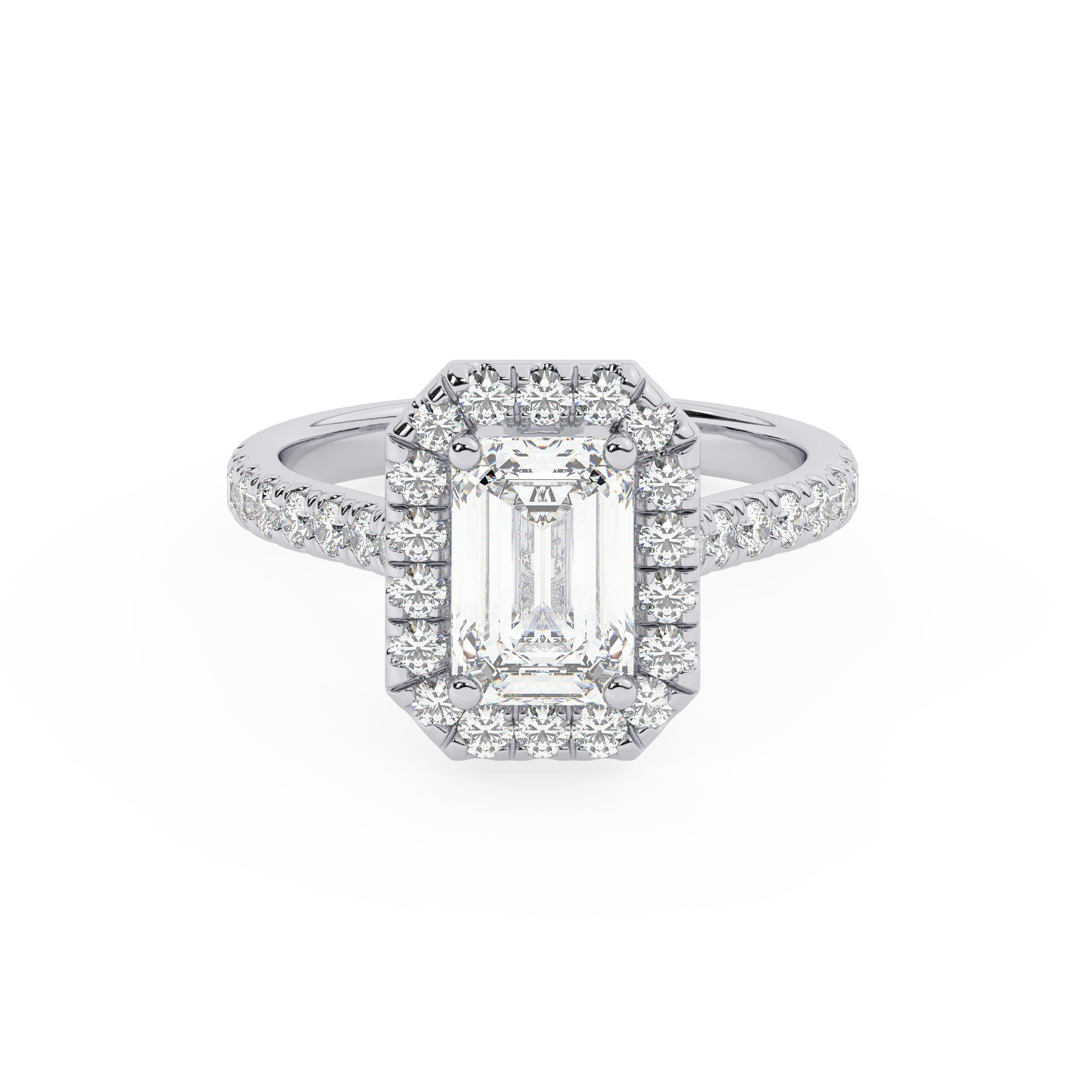 טבעת אירוסין היילו דגם 50026 כסף מצופה זהב לבן במרכז יהלום מעבדה 1.50 קראט בחיתוך אמרלד עם תעודה גמולוגית אירופאית IGI מסביב ובצדדים יהלומי מעבדה במשקל כולל של 0.62 קראט בחיתוך עגול – תמונה 2