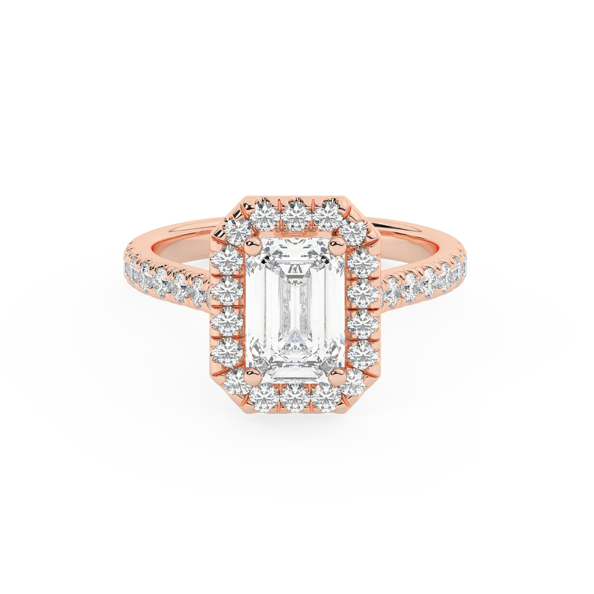 טבעת אירוסין היילו דגם 50026 כסף מצופה זהב אדום רוזגולד במרכז אבן מעבדה מוסונייט 3 קראט בחיתוך אמרלד עם תעודה גמולוגית בינלאומית GRA מסביב ובצדדים אבני מעבדה מוסונייט במשקל כולל של 0.72 קראט בחיתוך עגול – תמונה 2