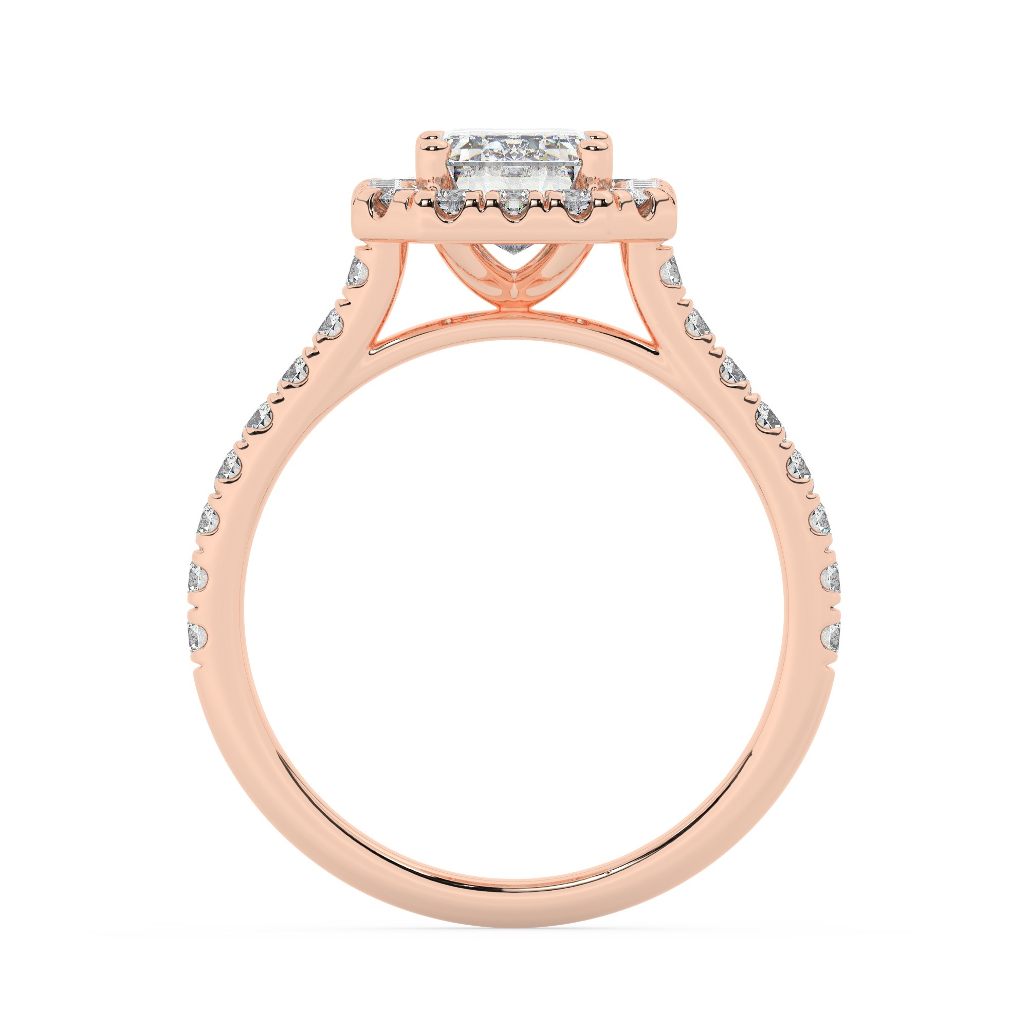 טבעת אירוסין היילו דגם 50026 כסף מצופה זהב אדום רוזגולד במרכז יהלום מעבדה 0.75 קראט בחיתוך אמרלד עם תעודה גמולוגית מסביב ובצדדים יהלומי מעבדה במשקל כולל של 0.58 קראט בחיתוך עגול – תמונה 3