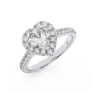 טבעת אירוסין היילו דגם 50026 כסף מצופה זהב לבן במרכז אבן מעבדה מוסונייט 3 קראט בחיתוך לב עם תעודה גמולוגית בינלאומית GRA מסביב ובצדדים אבני מעבדה מוסונייט במשקל כולל של 0.72 קראט בחיתוך עגול