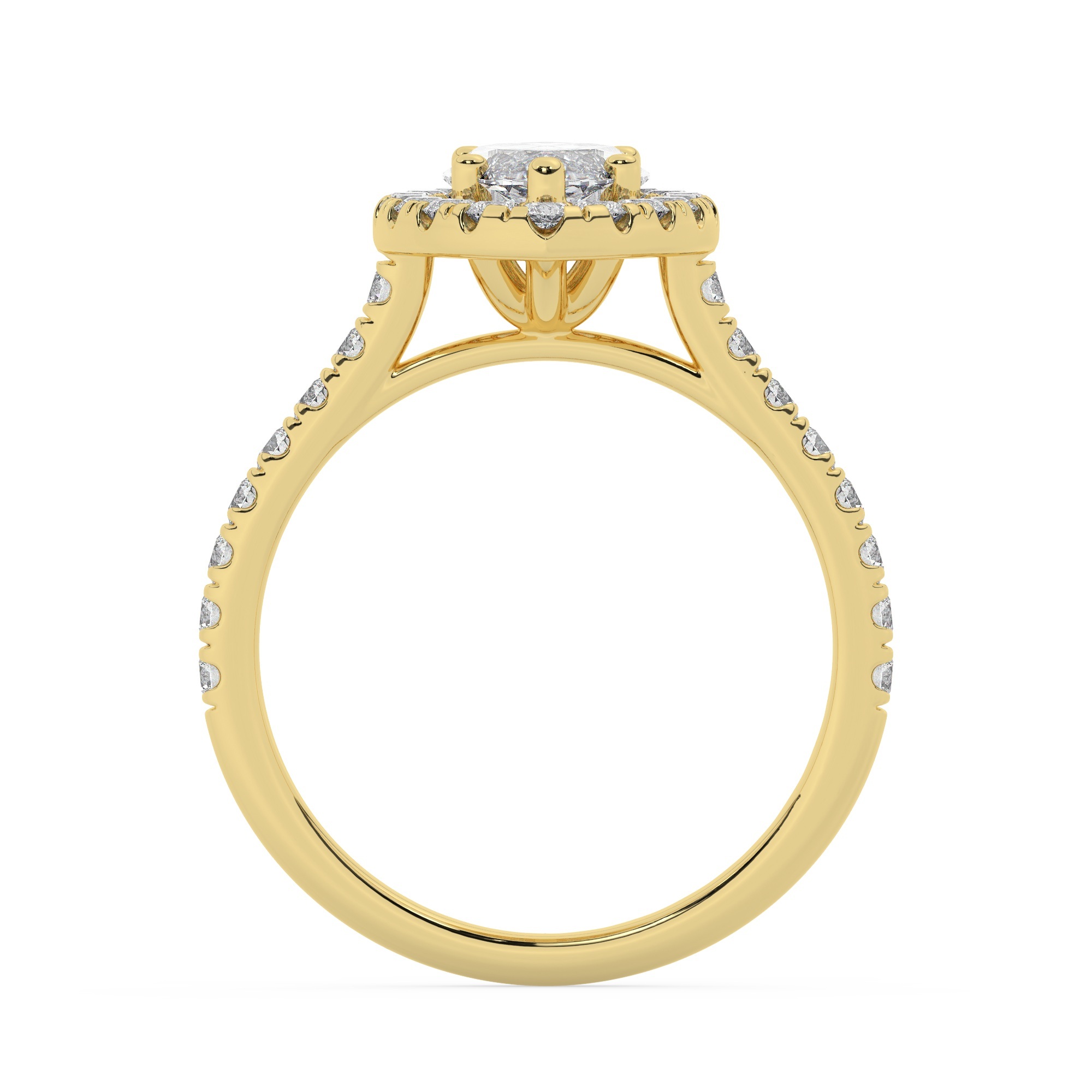 טבעת אירוסין היילו דגם 50026 כסף מצופה זהב צהוב במרכז יהלום מעבדה 5 קראט בחיתוך מרקיזה עם תעודה גמולוגית אירופאית IGI מסביב ובצדדים יהלומי מעבדה במשקל כולל של 0.84 קראט בחיתוך עגול – תמונה 3