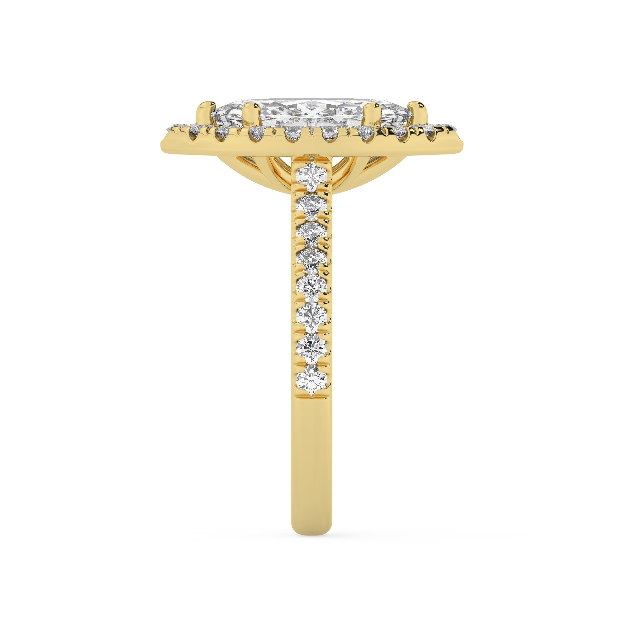 טבעת אירוסין היילו דגם 50026 כסף מצופה זהב צהוב במרכז יהלום מעבדה 5 קראט בחיתוך מרקיזה עם תעודה גמולוגית אירופאית IGI מסביב ובצדדים יהלומי מעבדה במשקל כולל של 0.84 קראט בחיתוך עגול – תמונה 4