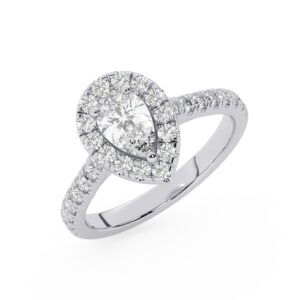 טבעת אירוסין היילו דגם 50026 כסף מצופה זהב לבן במרכז אבן מעבדה מוסונייט 1.50 קראט בחיתוך טיפה עם תעודה גמולוגית בינלאומית GRA מסביב ובצדדים אבני מעבדה מוסונייט במשקל כולל של 0.62 קראט בחיתוך עגול