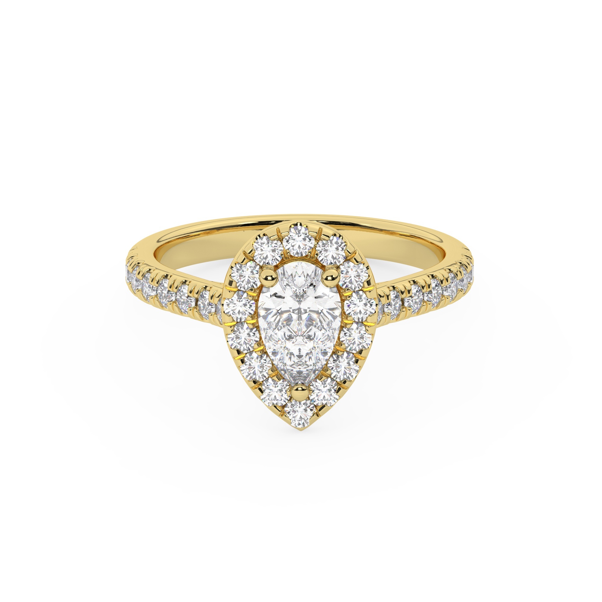 טבעת אירוסין היילו דגם 50026 כסף מצופה זהב צהוב במרכז אבן מעבדה מוסונייט 2 קראט בחיתוך טיפה עם תעודה גמולוגית בינלאומית GRA מסביב ובצדדים אבני מעבדה מוסונייט במשקל כולל של 0.66 קראט בחיתוך עגול – תמונה 2