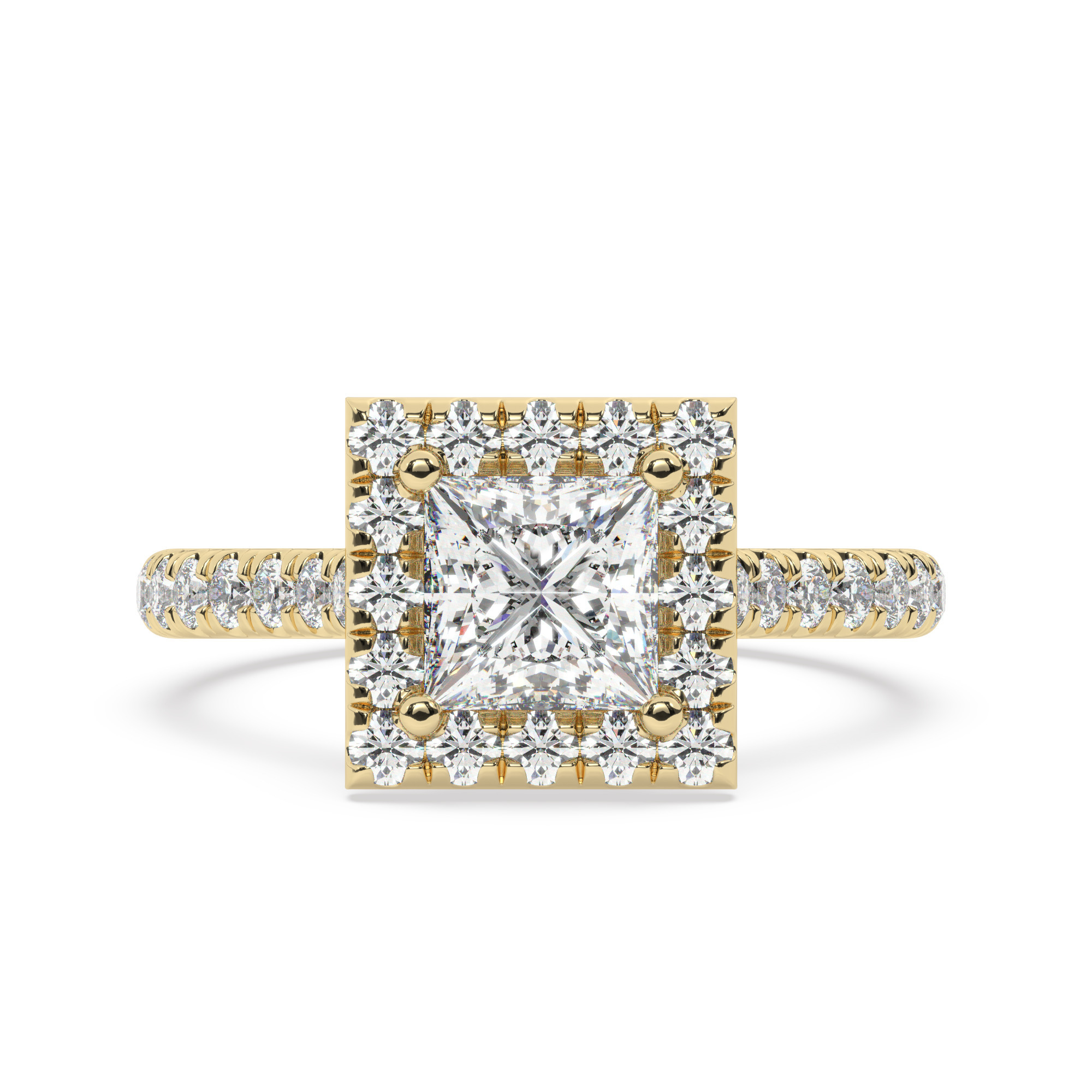 טבעת אירוסין היילו דגם 50026 כסף מצופה זהב צהוב במרכז יהלום מעבדה 5 קראט בחיתוך פרינסס עם תעודה גמולוגית אירופאית IGI מסביב ובצדדים יהלומי מעבדה במשקל כולל של 0.84 קראט בחיתוך עגול – תמונה 2