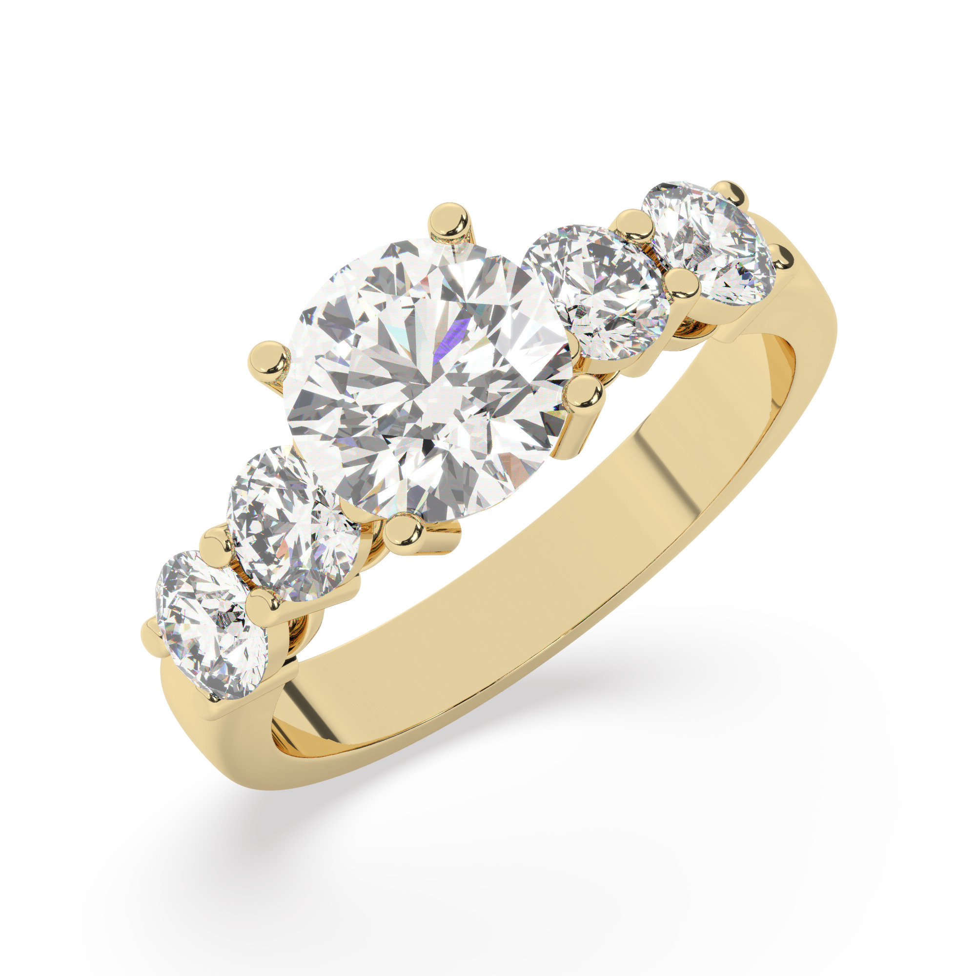 טבעת אירוסין סוליטר ומוסונייט בצדדים דגם 50030 כסף מצופה זהב צהוב במרכז אבן מעבדה מוסונייט 2.50 קראט בחיתוך עגול עם תעודה גמולוגית בינלאומית GRA מסביב ובצדדים אבני מעבדה מוסונייט במשקל כולל של 1.08 קראט בחיתוך עגול