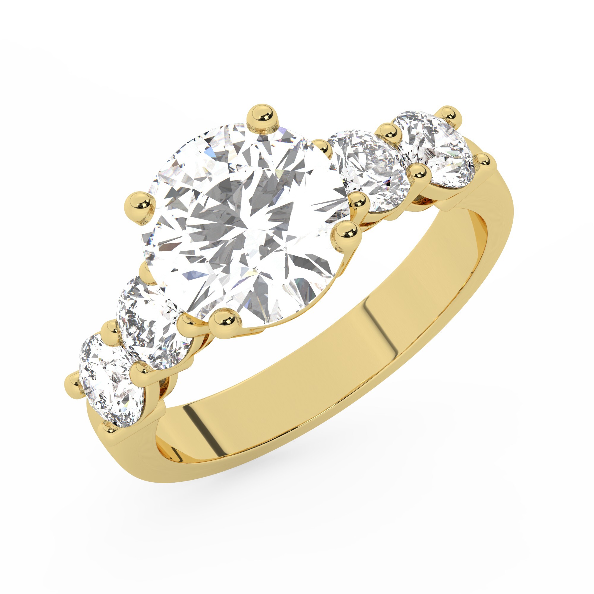 טבעת אירוסין סוליטר ומוסונייט בצדדים דגם 50030 כסף מצופה זהב צהוב במרכז אבן מעבדה מוסונייט 3 קראט בחיתוך עגול עם תעודה גמולוגית בינלאומית GRA מסביב ובצדדים אבני מעבדה מוסונייט במשקל כולל של 1.08 קראט בחיתוך עגול