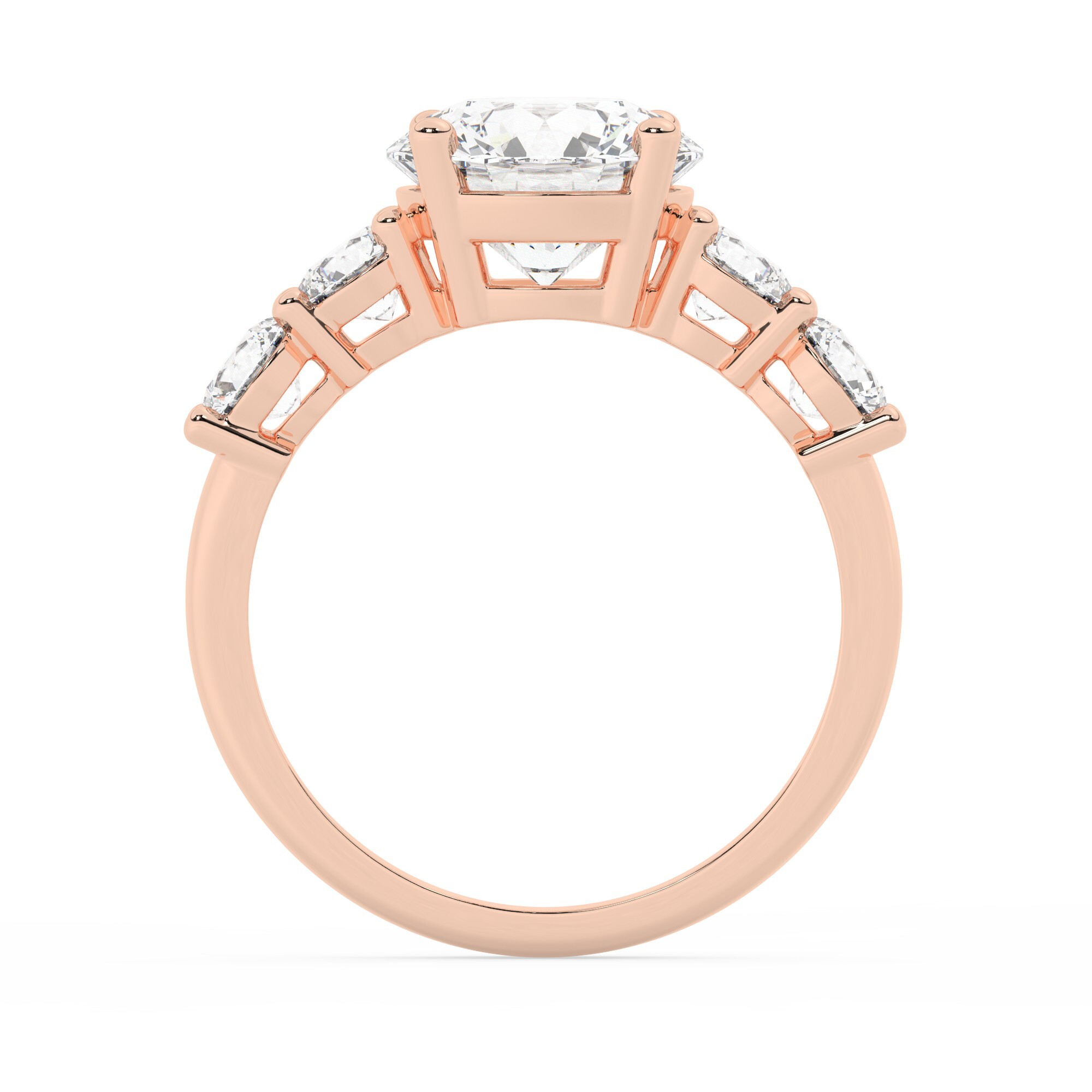 טבעת אירוסין סוליטר ומוסונייט בצדדים דגם 50030 כסף מצופה זהב אדום רוזגולד במרכז אבן מעבדה מוסונייט 3 קראט בחיתוך עגול עם תעודה גמולוגית בינלאומית GRA מסביב ובצדדים אבני מעבדה מוסונייט במשקל כולל של 1.08 קראט בחיתוך עגול – תמונה 3