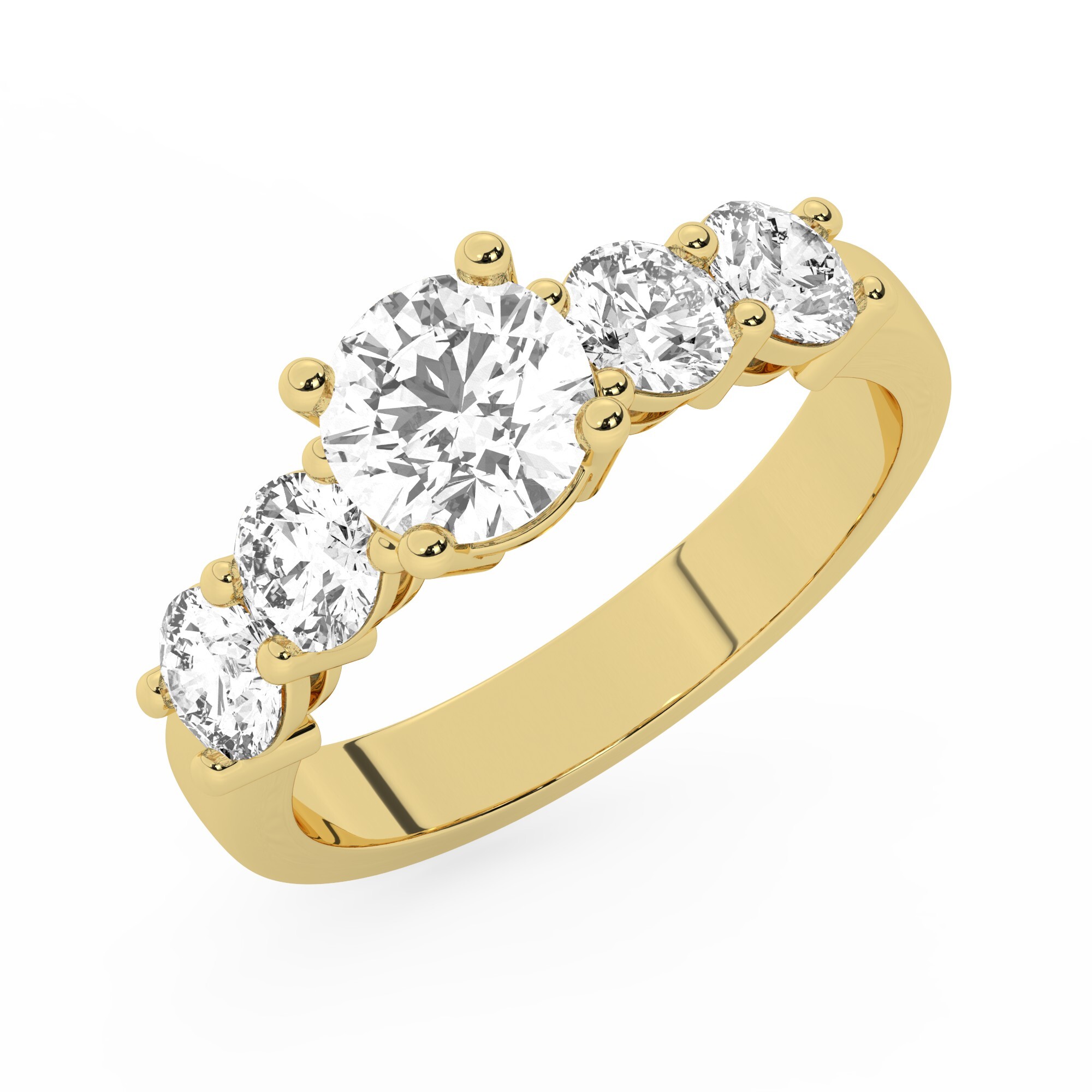 טבעת אירוסין סוליטר ויהלומים בצדדים דגם 50030 כסף מצופה זהב צהוב במרכז יהלום מעבדה 0.75 קראט בחיתוך עגול עם תעודה גמולוגית מסביב ובצדדים יהלומי מעבדה במשקל כולל של 1.08 קראט בחיתוך עגול