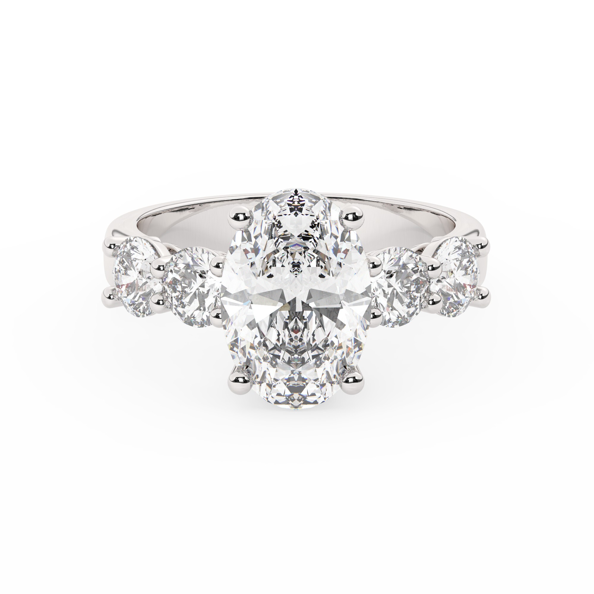 טבעת אירוסין סוליטר ומוסונייט בצדדים דגם 50030 כסף מצופה זהב לבן במרכז אבן מעבדה מוסונייט 3 קראט בחיתוך אובל עם תעודה גמולוגית בינלאומית GRA מסביב ובצדדים אבני מעבדה מוסונייט במשקל כולל של 1.08 קראט בחיתוך עגול – תמונה 2