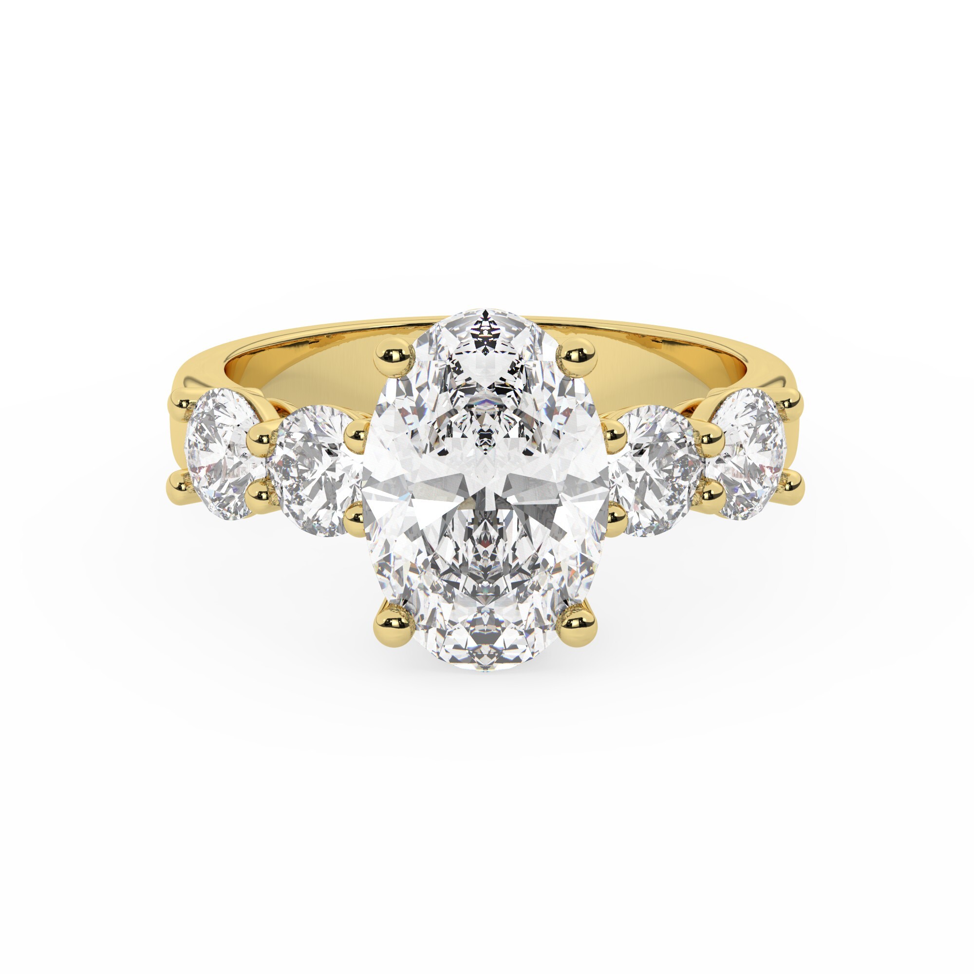 טבעת אירוסין סוליטר ויהלומים בצדדים דגם 50030 כסף מצופה זהב צהוב במרכז יהלום מעבדה 3 קראט בחיתוך אובל עם תעודה גמולוגית אירופאית IGI מסביב ובצדדים יהלומי מעבדה במשקל כולל של 1.08 קראט בחיתוך עגול – תמונה 2