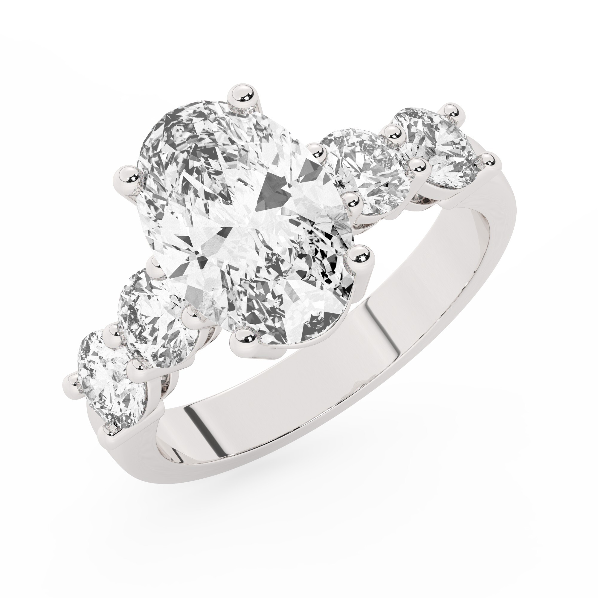 טבעת אירוסין סוליטר ומוסונייט בצדדים דגם 50030 כסף מצופה זהב לבן במרכז אבן מעבדה מוסונייט 4 קראט בחיתוך אובל עם תעודה גמולוגית בינלאומית GRA מסביב ובצדדים אבני מעבדה מוסונייט במשקל כולל של 1.08 קראט בחיתוך עגול