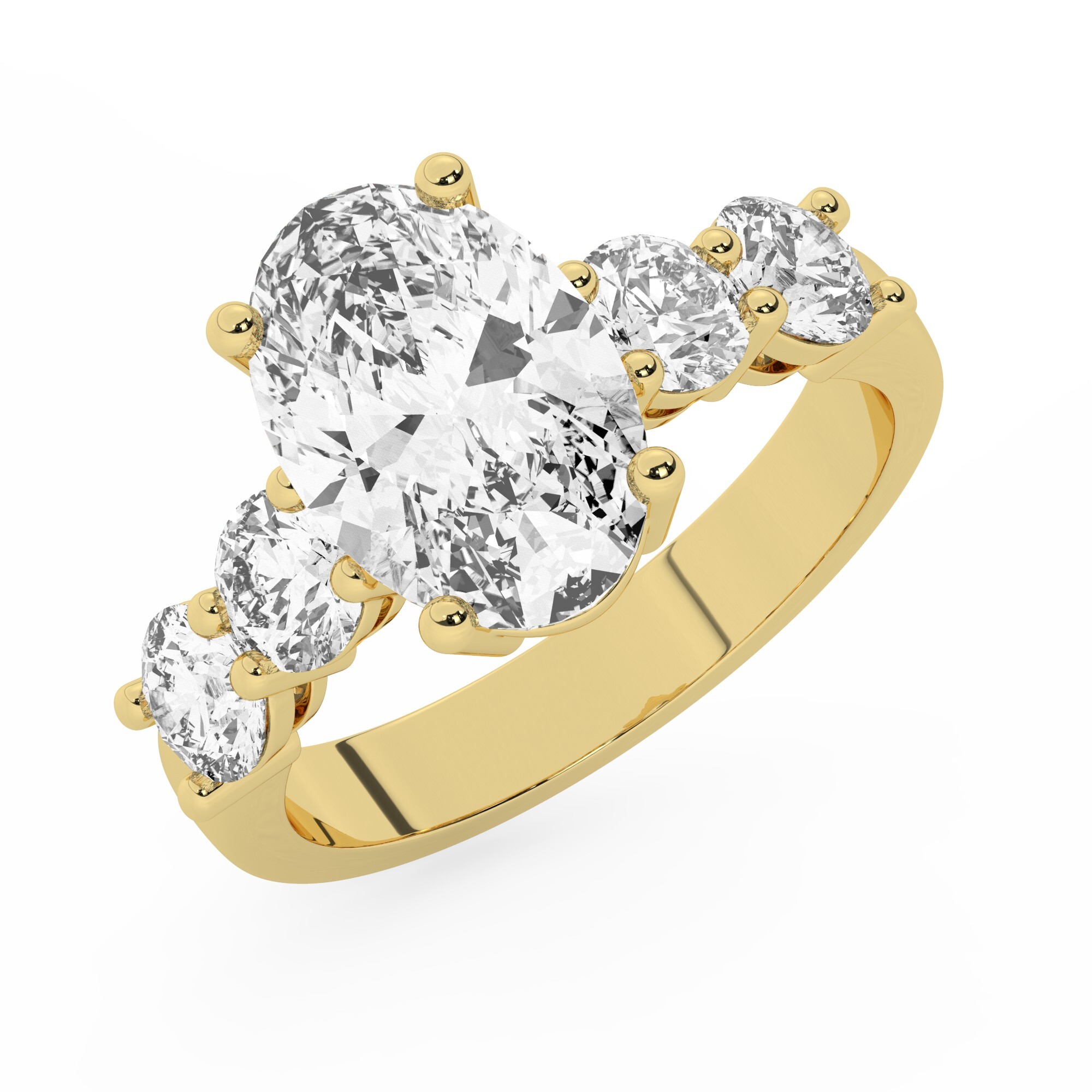 טבעת אירוסין סוליטר ומוסונייט בצדדים דגם 50030 כסף מצופה זהב צהוב במרכז אבן מעבדה מוסונייט 4 קראט בחיתוך אובל עם תעודה גמולוגית בינלאומית GRA מסביב ובצדדים אבני מעבדה מוסונייט במשקל כולל של 1.08 קראט בחיתוך עגול