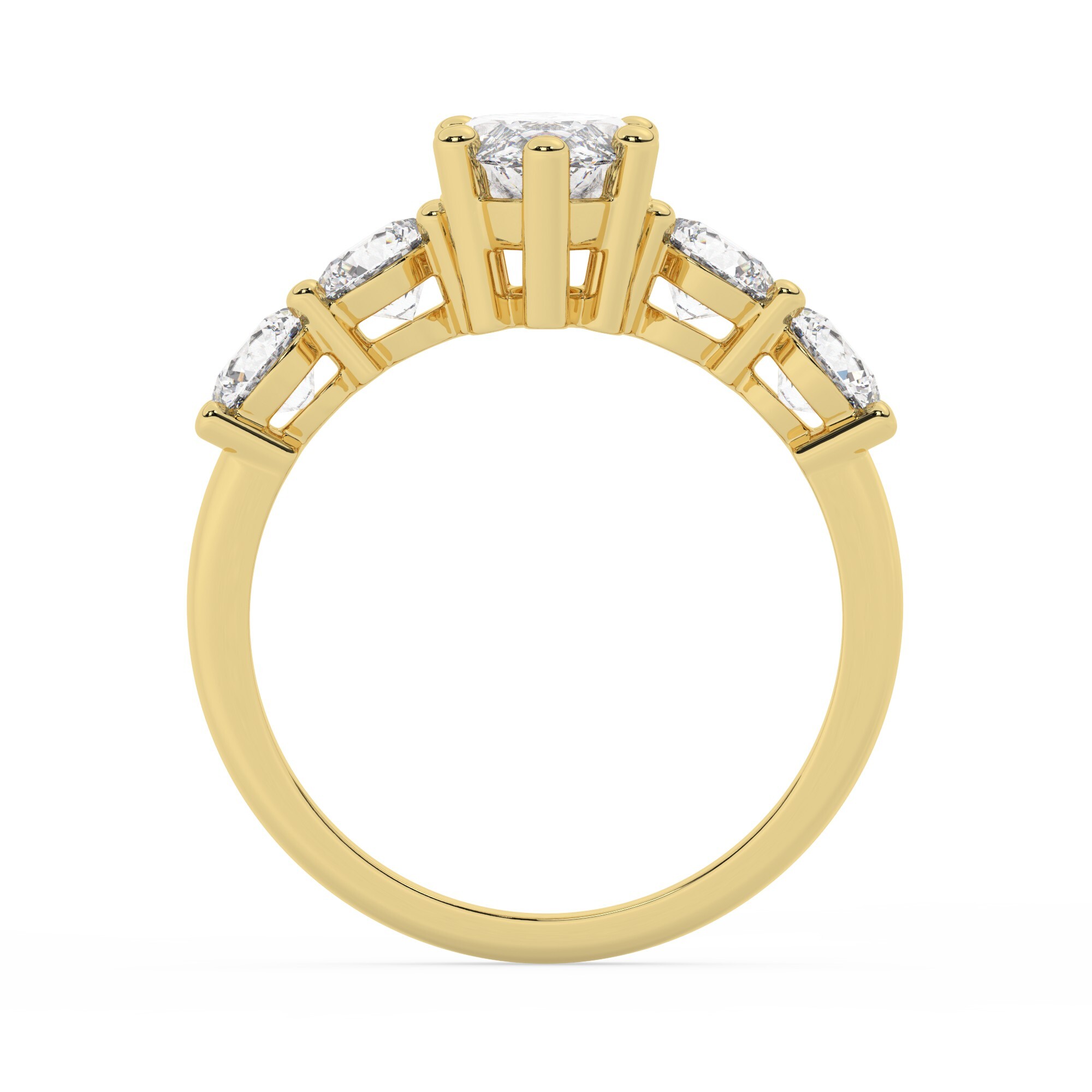 טבעת אירוסין סוליטר ומוסונייט בצדדים דגם 50030 כסף מצופה זהב צהוב במרכז אבן מעבדה מוסונייט 1.50 קראט בחיתוך מרקיזה עם תעודה גמולוגית בינלאומית GRA מסביב ובצדדים אבני מעבדה מוסונייט במשקל כולל של 1.08 קראט בחיתוך עגול – תמונה 3