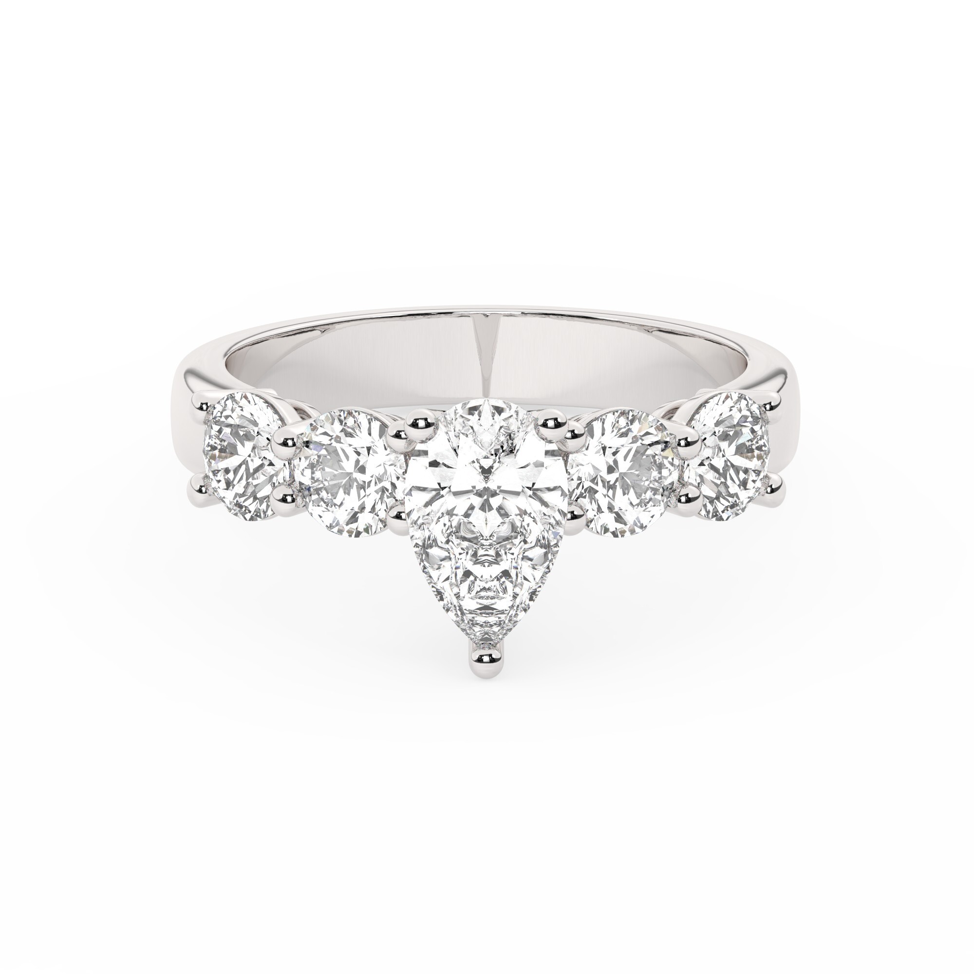 טבעת אירוסין סוליטר ומוסונייט בצדדים דגם 50030 כסף מצופה זהב לבן במרכז אבן מעבדה מוסונייט 2 קראט בחיתוך טיפה עם תעודה גמולוגית בינלאומית GRA מסביב ובצדדים אבני מעבדה מוסונייט במשקל כולל של 1.08 קראט בחיתוך עגול – תמונה 2