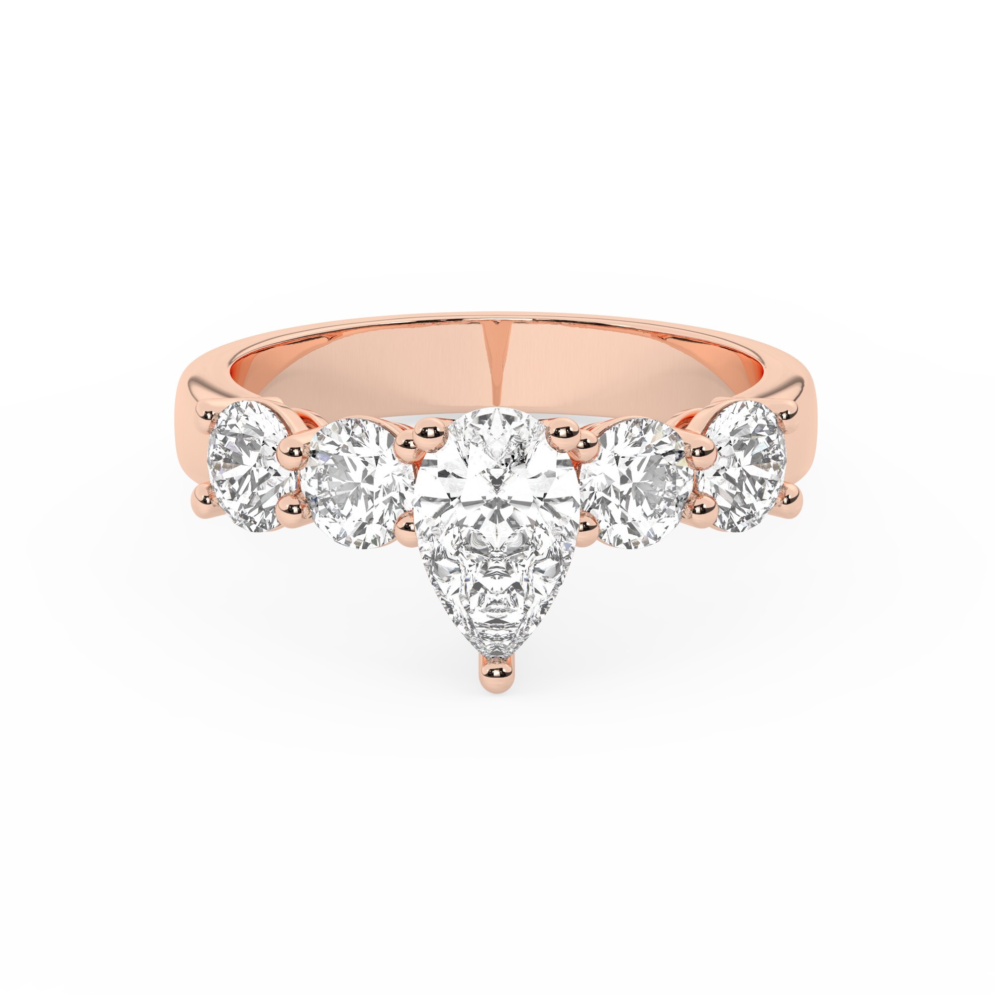 טבעת אירוסין סוליטר ומוסונייט בצדדים דגם 50030 כסף מצופה זהב אדום רוזגולד במרכז אבן מעבדה מוסונייט 3 קראט בחיתוך טיפה עם תעודה גמולוגית בינלאומית GRA מסביב ובצדדים אבני מעבדה מוסונייט במשקל כולל של 1.08 קראט בחיתוך עגול – תמונה 2