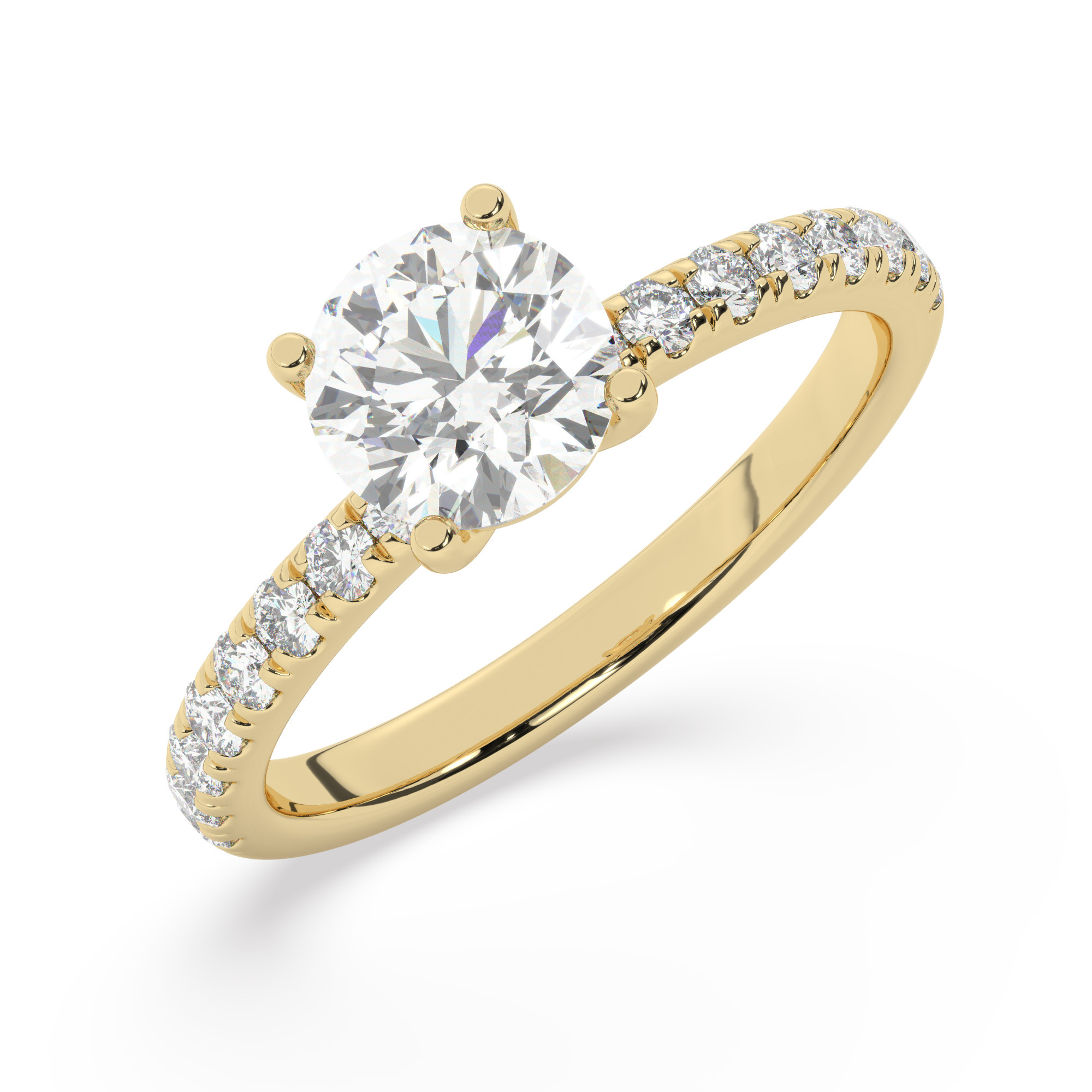 טבעת אירוסין סוליטר ויהלומים בצדדים דגם 50037 כסף מצופה זהב צהוב במרכז יהלום מעבדה 1.50 קראט בחיתוך עגול עם תעודה גמולוגית אירופאית IGI מסביב ובצדדים יהלומי מעבדה במשקל כולל של 0.32 קראט בחיתוך עגול