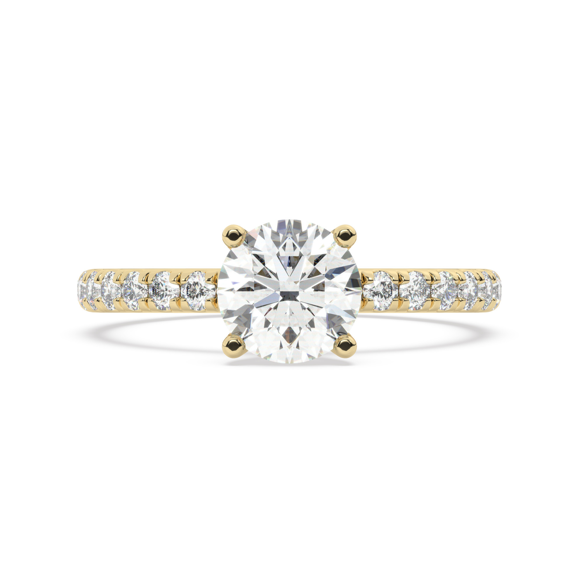 טבעת אירוסין סוליטר ויהלומים בצדדים דגם 50037 כסף מצופה זהב צהוב במרכז יהלום מעבדה 1.50 קראט בחיתוך עגול עם תעודה גמולוגית אירופאית IGI מסביב ובצדדים יהלומי מעבדה במשקל כולל של 0.32 קראט בחיתוך עגול – תמונה 2