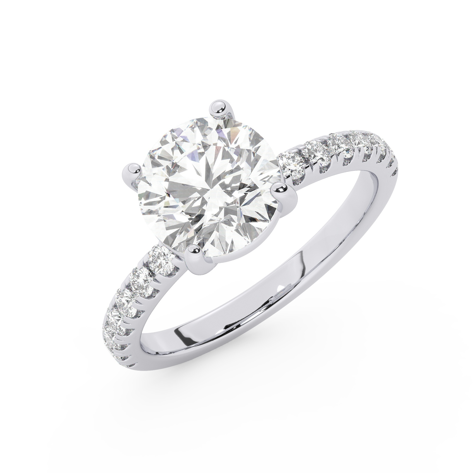 טבעת אירוסין סוליטר ויהלומים בצדדים דגם 50037 כסף מצופה זהב לבן במרכז יהלום מעבדה 2.50 קראט בחיתוך עגול עם תעודה גמולוגית אירופאית IGI מסביב ובצדדים יהלומי מעבדה במשקל כולל של 0.32 קראט בחיתוך עגול