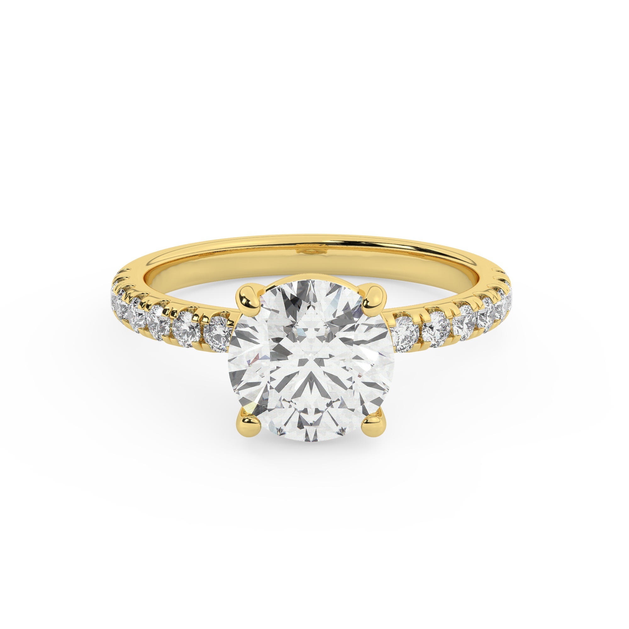 טבעת אירוסין סוליטר ויהלומים בצדדים דגם 50037 כסף מצופה זהב צהוב במרכז יהלום מעבדה 2.50 קראט בחיתוך עגול עם תעודה גמולוגית אירופאית IGI מסביב ובצדדים יהלומי מעבדה במשקל כולל של 0.32 קראט בחיתוך עגול – תמונה 2