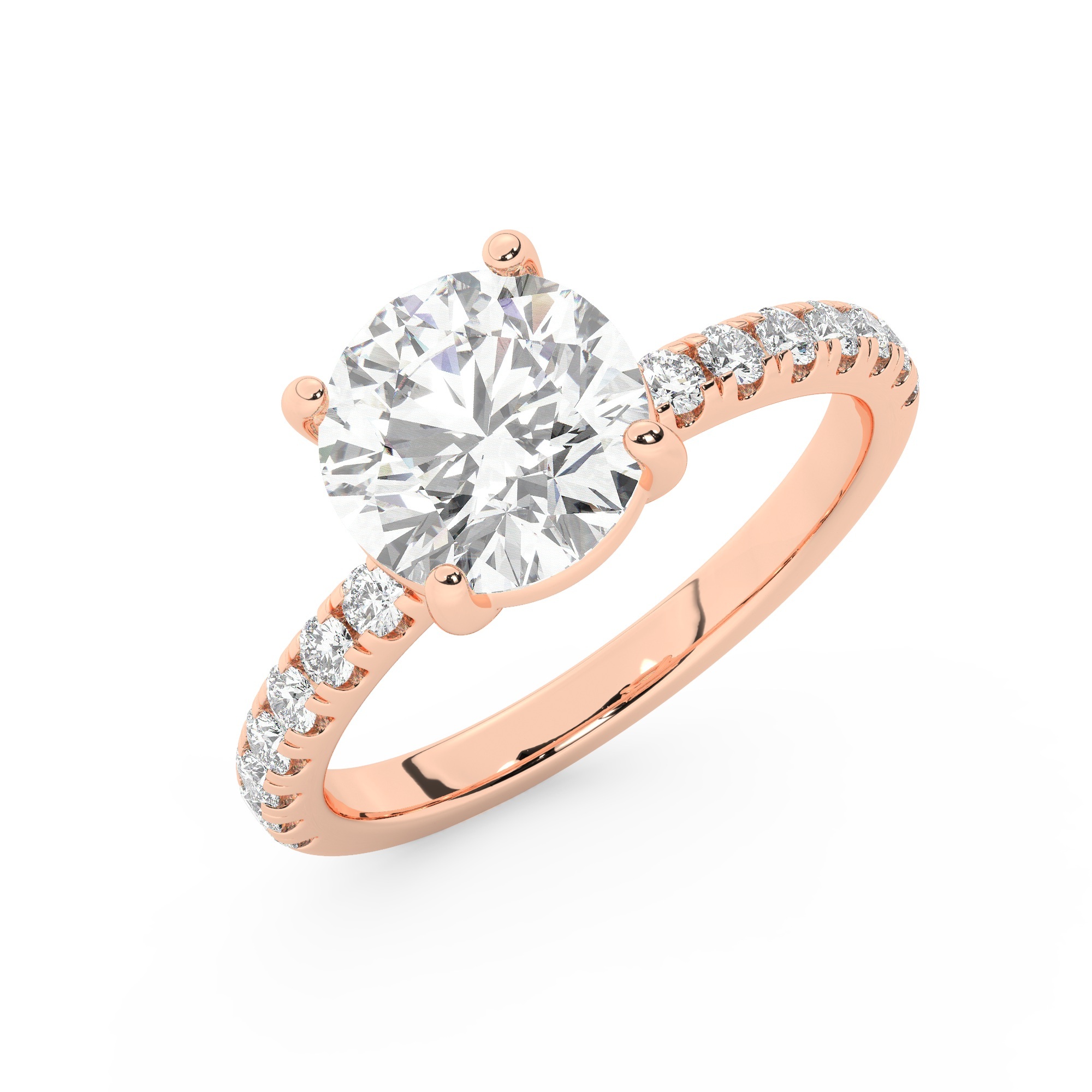 טבעת אירוסין סוליטר ויהלומים בצדדים דגם 50037 כסף מצופה זהב אדום רוזגולד במרכז יהלום מעבדה 2.50 קראט בחיתוך עגול עם תעודה גמולוגית אירופאית IGI מסביב ובצדדים יהלומי מעבדה במשקל כולל של 0.32 קראט בחיתוך עגול