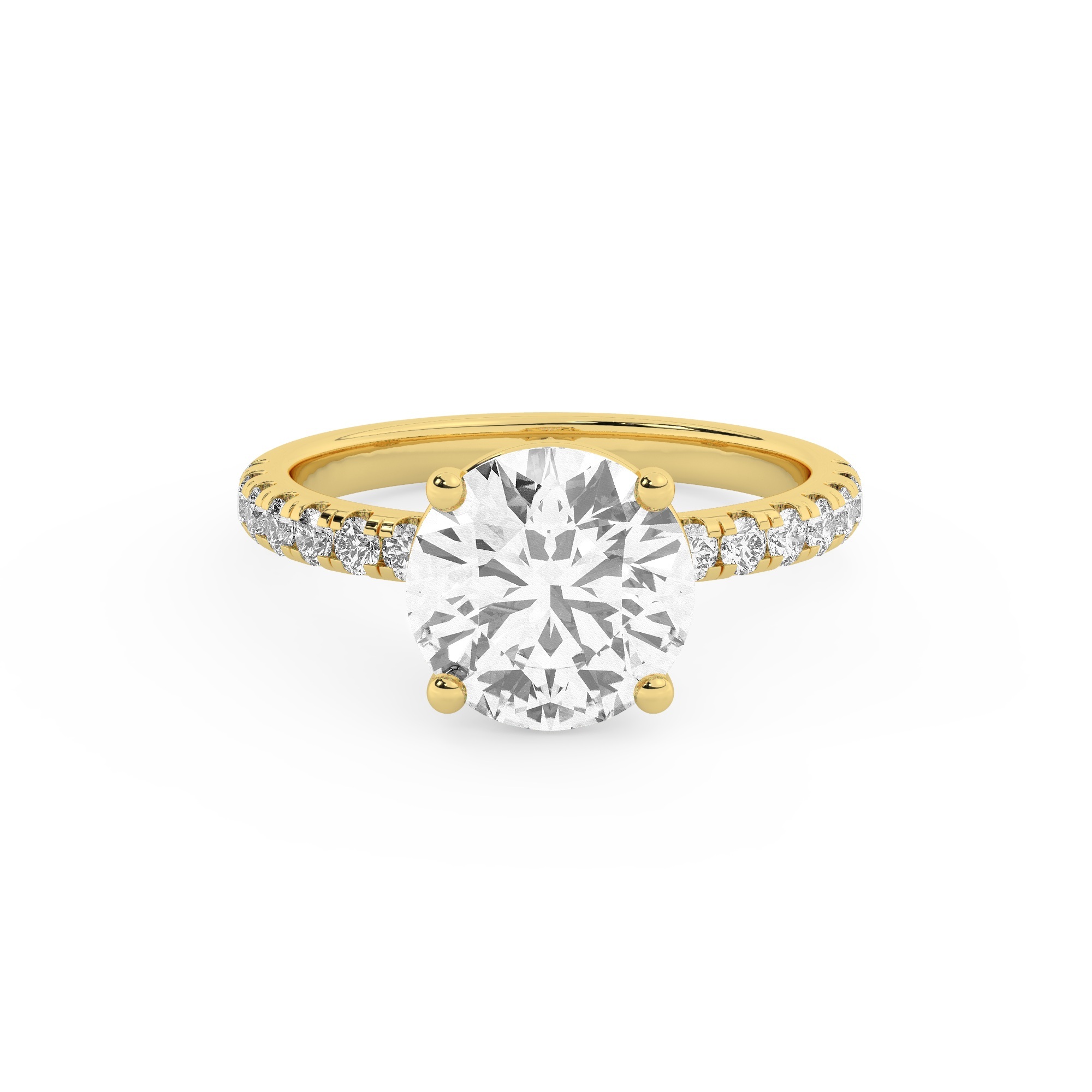 טבעת אירוסין סוליטר ומוסונייט בצדדים דגם 50037 כסף מצופה זהב צהוב במרכז אבן מעבדה מוסונייט 5 קראט בחיתוך עגול עם תעודה גמולוגית בינלאומית GRA מסביב ובצדדים אבני מעבדה מוסונייט במשקל כולל של 0.32 קראט בחיתוך עגול – תמונה 2