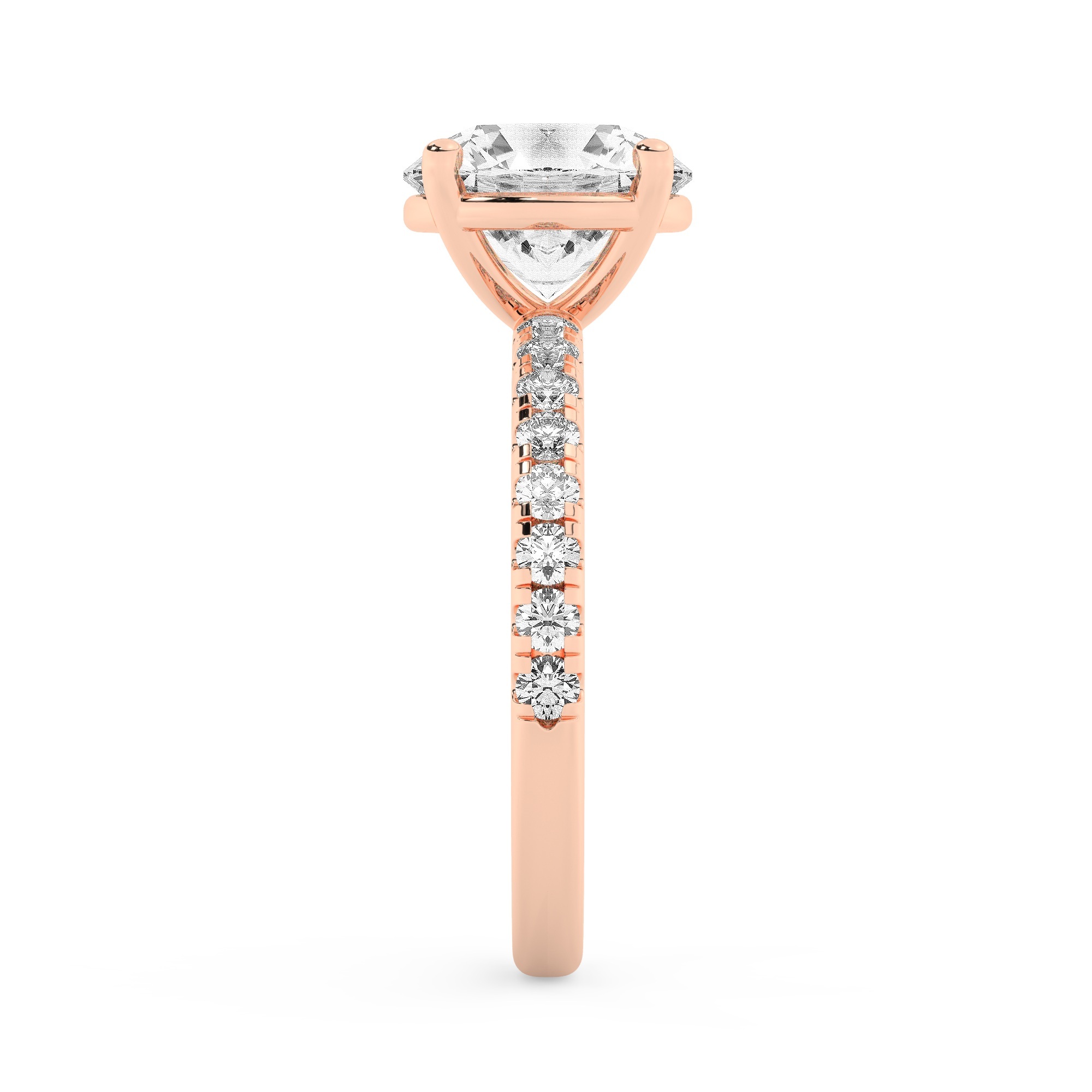 טבעת אירוסין סוליטר ומוסונייט בצדדים דגם 50037 כסף מצופה זהב אדום רוזגולד במרכז אבן מעבדה מוסונייט 5 קראט בחיתוך עגול עם תעודה גמולוגית בינלאומית GRA מסביב ובצדדים אבני מעבדה מוסונייט במשקל כולל של 0.32 קראט בחיתוך עגול – תמונה 4