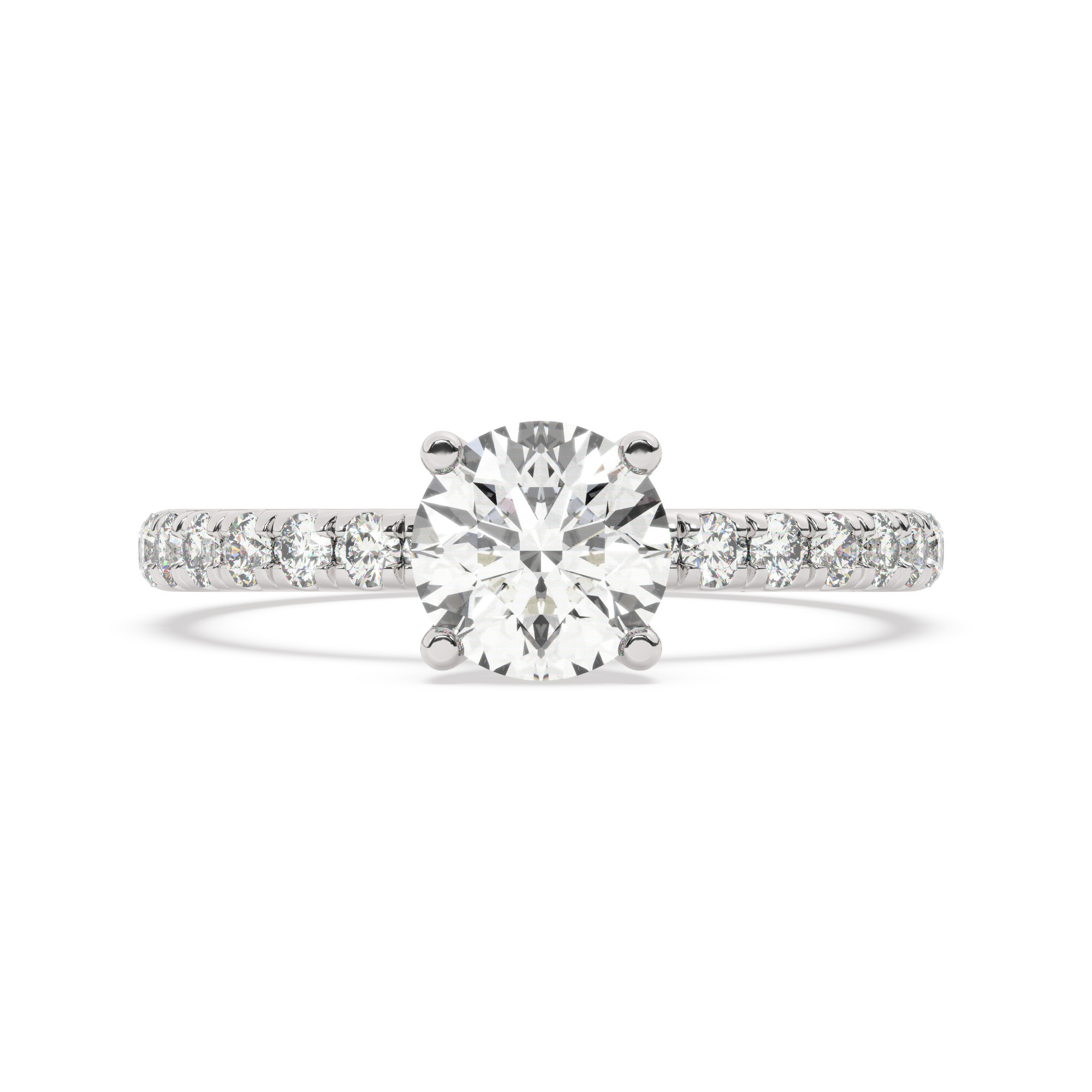 טבעת אירוסין סוליטר ומוסונייט בצדדים דגם 50037 כסף מצופה זהב לבן במרכז אבן מעבדה מוסונייט 0.75 קראט בחיתוך עגול עם תעודה גמולוגית מסביב ובצדדים אבני מעבדה מוסונייט במשקל כולל של 0.32 קראט בחיתוך עגול – תמונה 2