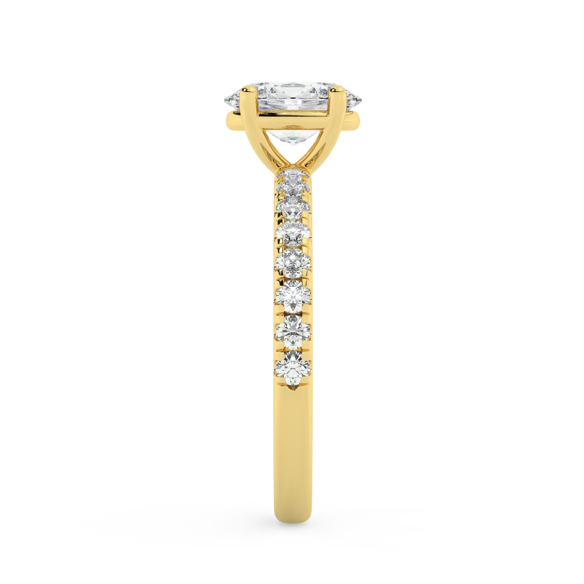 טבעת אירוסין סוליטר ויהלומים בצדדים דגם 50037 כסף מצופה זהב צהוב במרכז יהלום מעבדה 1 קראט בחיתוך אובל עם תעודה גמולוגית אירופאית IGI מסביב ובצדדים יהלומי מעבדה במשקל כולל של 0.32 קראט בחיתוך עגול – תמונה 4