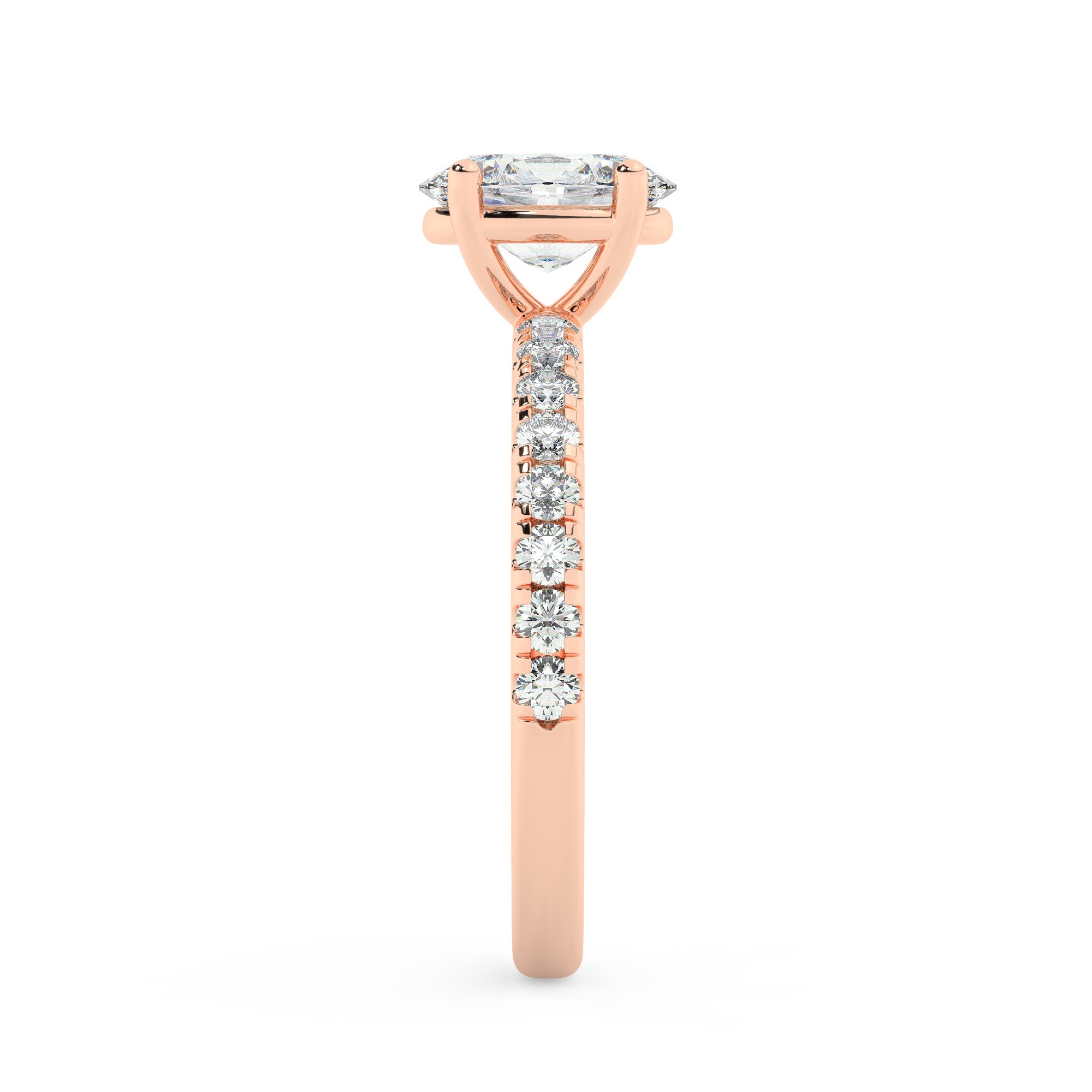 טבעת אירוסין סוליטר ויהלומים בצדדים דגם 50037 כסף מצופה זהב אדום רוזגולד במרכז יהלום מעבדה 1 קראט בחיתוך אובל עם תעודה גמולוגית אירופאית IGI מסביב ובצדדים יהלומי מעבדה במשקל כולל של 0.32 קראט בחיתוך עגול – תמונה 4