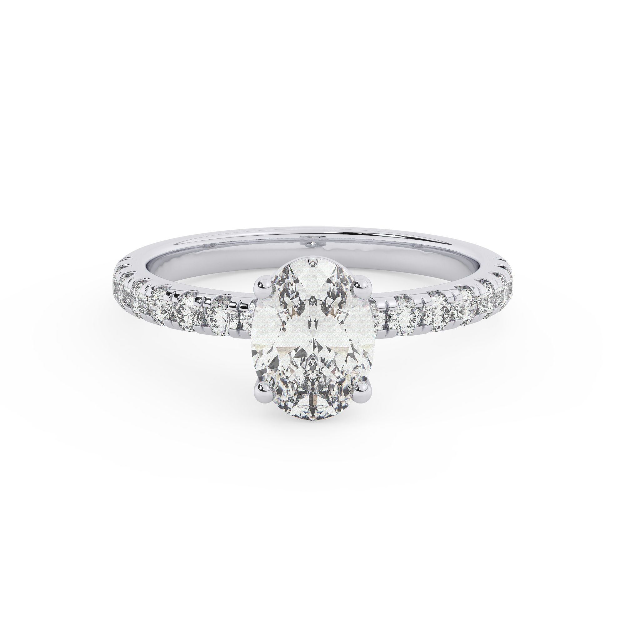 טבעת אירוסין סוליטר ויהלומים בצדדים דגם 50037 כסף מצופה זהב לבן במרכז יהלום מעבדה 1.50 קראט בחיתוך אובל עם תעודה גמולוגית אירופאית IGI מסביב ובצדדים יהלומי מעבדה במשקל כולל של 0.32 קראט בחיתוך עגול – תמונה 2