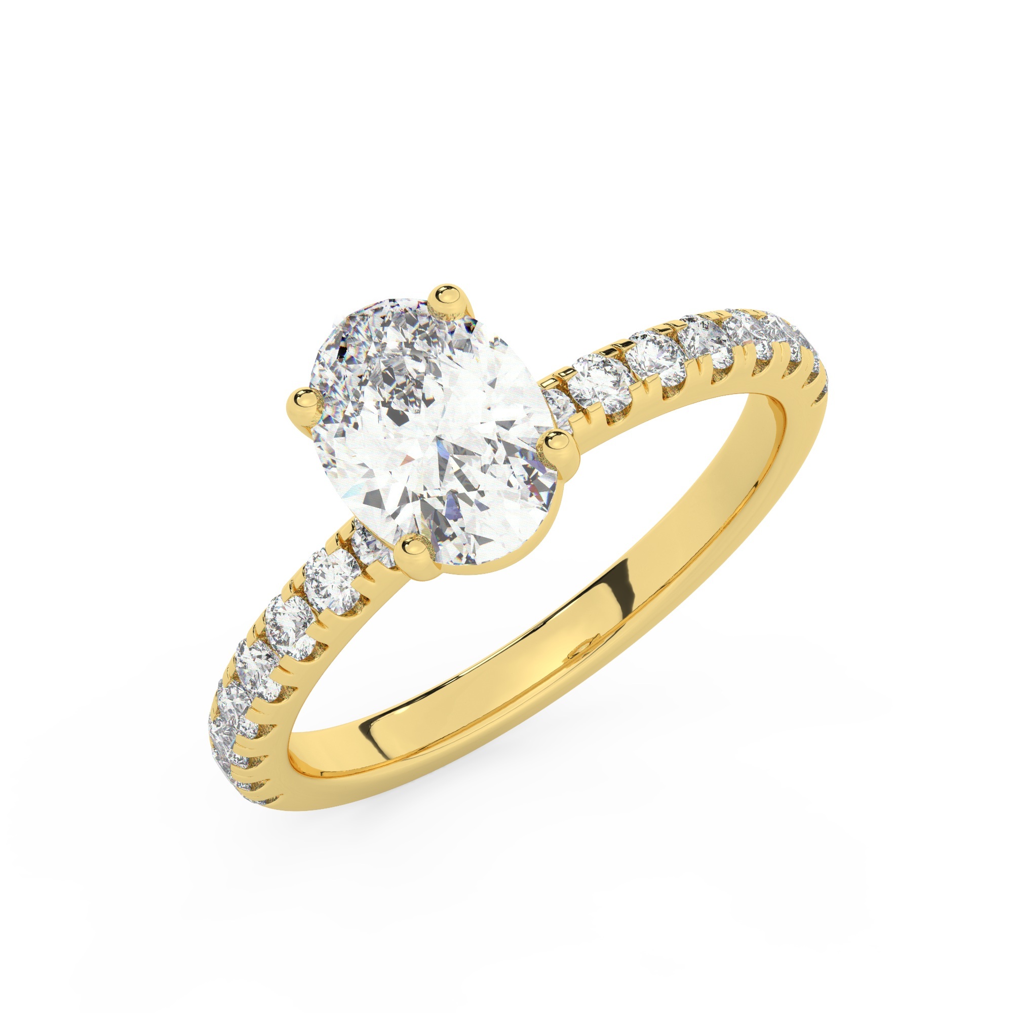 טבעת אירוסין סוליטר ויהלומים בצדדים דגם 50037 כסף מצופה זהב צהוב במרכז יהלום מעבדה 1.50 קראט בחיתוך אובל עם תעודה גמולוגית אירופאית IGI מסביב ובצדדים יהלומי מעבדה במשקל כולל של 0.32 קראט בחיתוך עגול