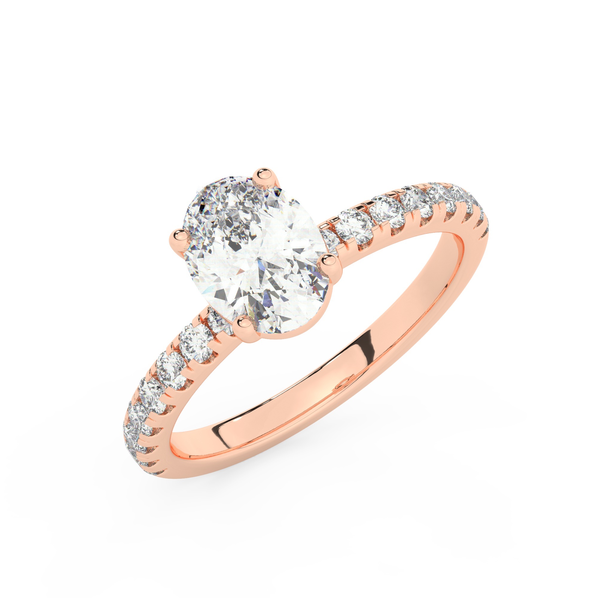 טבעת אירוסין סוליטר ויהלומים בצדדים דגם 50037 כסף מצופה זהב אדום רוזגולד במרכז יהלום מעבדה 1.50 קראט בחיתוך אובל עם תעודה גמולוגית אירופאית IGI מסביב ובצדדים יהלומי מעבדה במשקל כולל של 0.32 קראט בחיתוך עגול