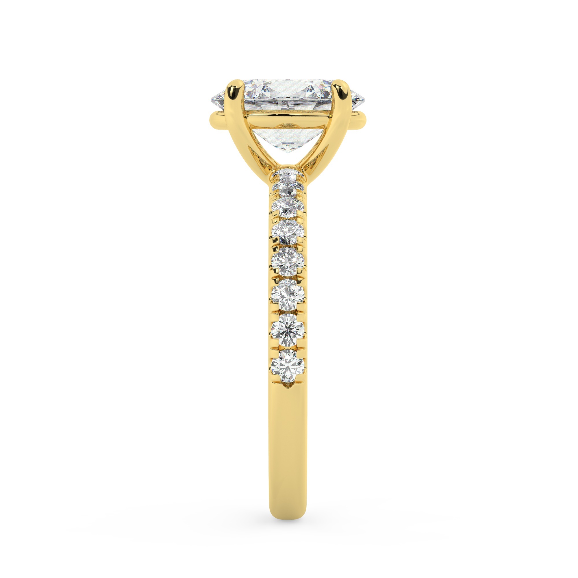 טבעת אירוסין סוליטר ויהלומים בצדדים דגם 50037 כסף מצופה זהב צהוב במרכז יהלום מעבדה 2.50 קראט בחיתוך אובל עם תעודה גמולוגית אירופאית IGI מסביב ובצדדים יהלומי מעבדה במשקל כולל של 0.32 קראט בחיתוך עגול – תמונה 4