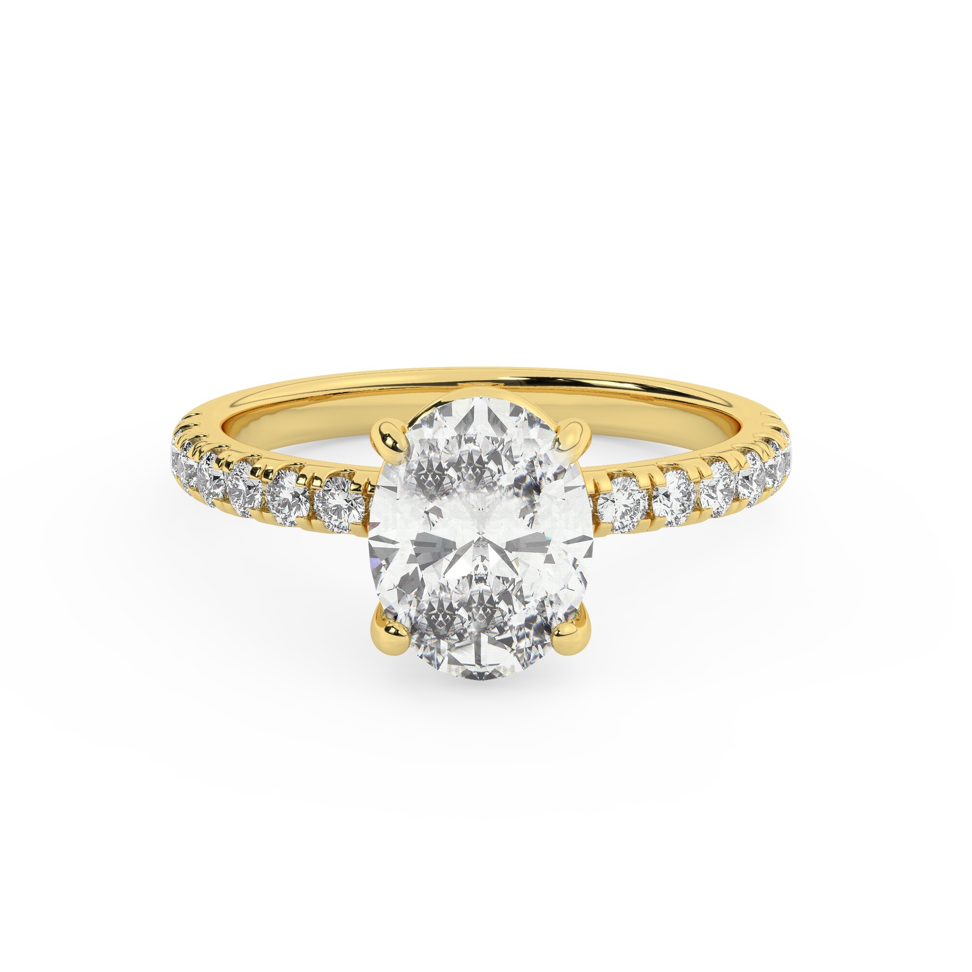 טבעת אירוסין סוליטר ויהלומים בצדדים דגם 50037 כסף מצופה זהב צהוב במרכז יהלום מעבדה 2.50 קראט בחיתוך אובל עם תעודה גמולוגית אירופאית IGI מסביב ובצדדים יהלומי מעבדה במשקל כולל של 0.32 קראט בחיתוך עגול – תמונה 2