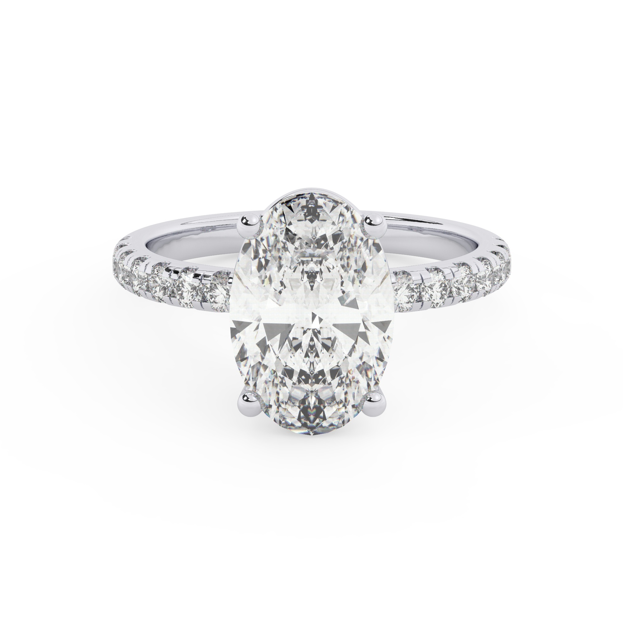 טבעת אירוסין סוליטר ומוסונייט בצדדים דגם 50037 כסף מצופה זהב לבן במרכז אבן מעבדה מוסונייט 4 קראט בחיתוך אובל עם תעודה גמולוגית בינלאומית GRA מסביב ובצדדים אבני מעבדה מוסונייט במשקל כולל של 0.32 קראט בחיתוך עגול – תמונה 2