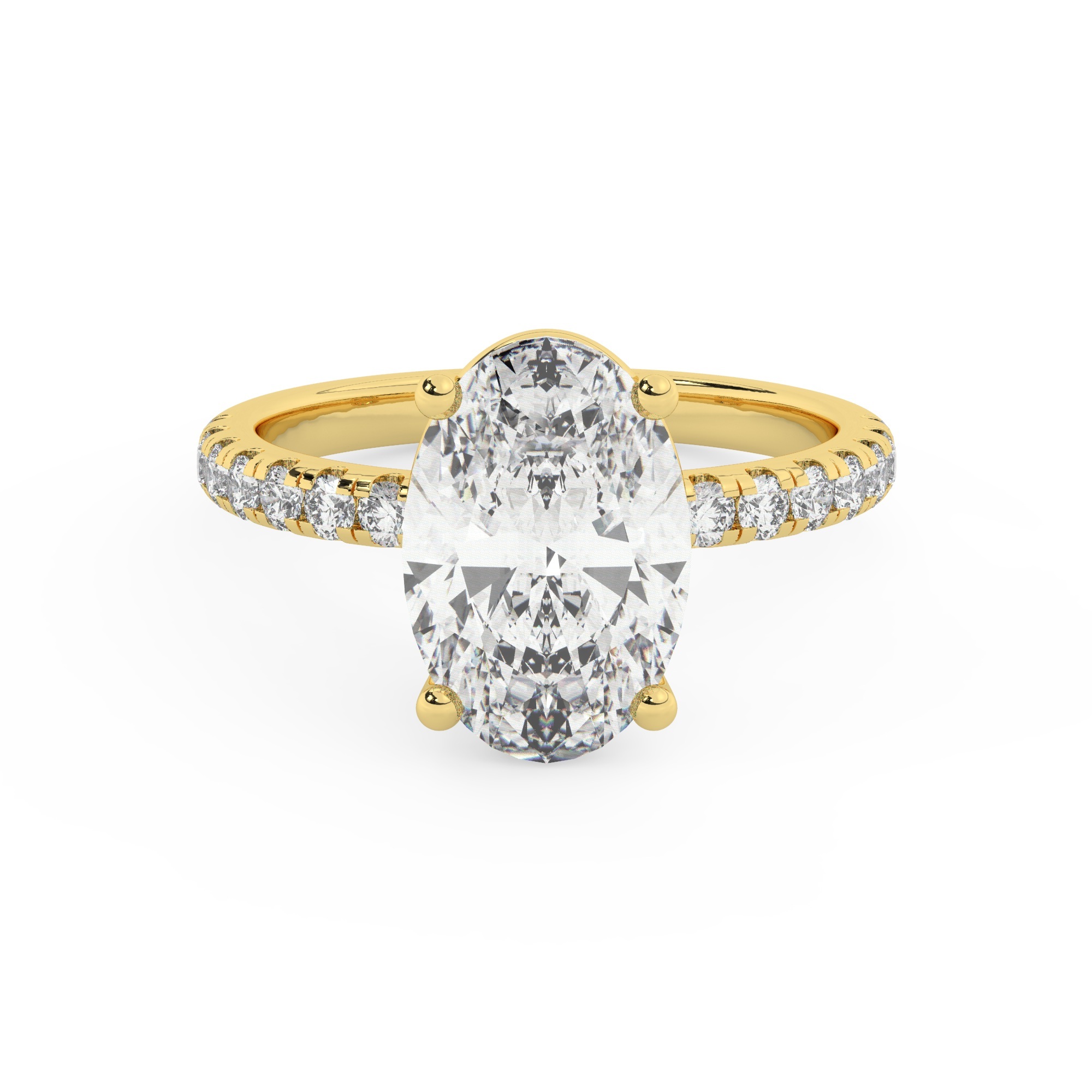 טבעת אירוסין סוליטר ומוסונייט בצדדים דגם 50037 כסף מצופה זהב צהוב במרכז אבן מעבדה מוסונייט 4 קראט בחיתוך אובל עם תעודה גמולוגית בינלאומית GRA מסביב ובצדדים אבני מעבדה מוסונייט במשקל כולל של 0.32 קראט בחיתוך עגול – תמונה 2