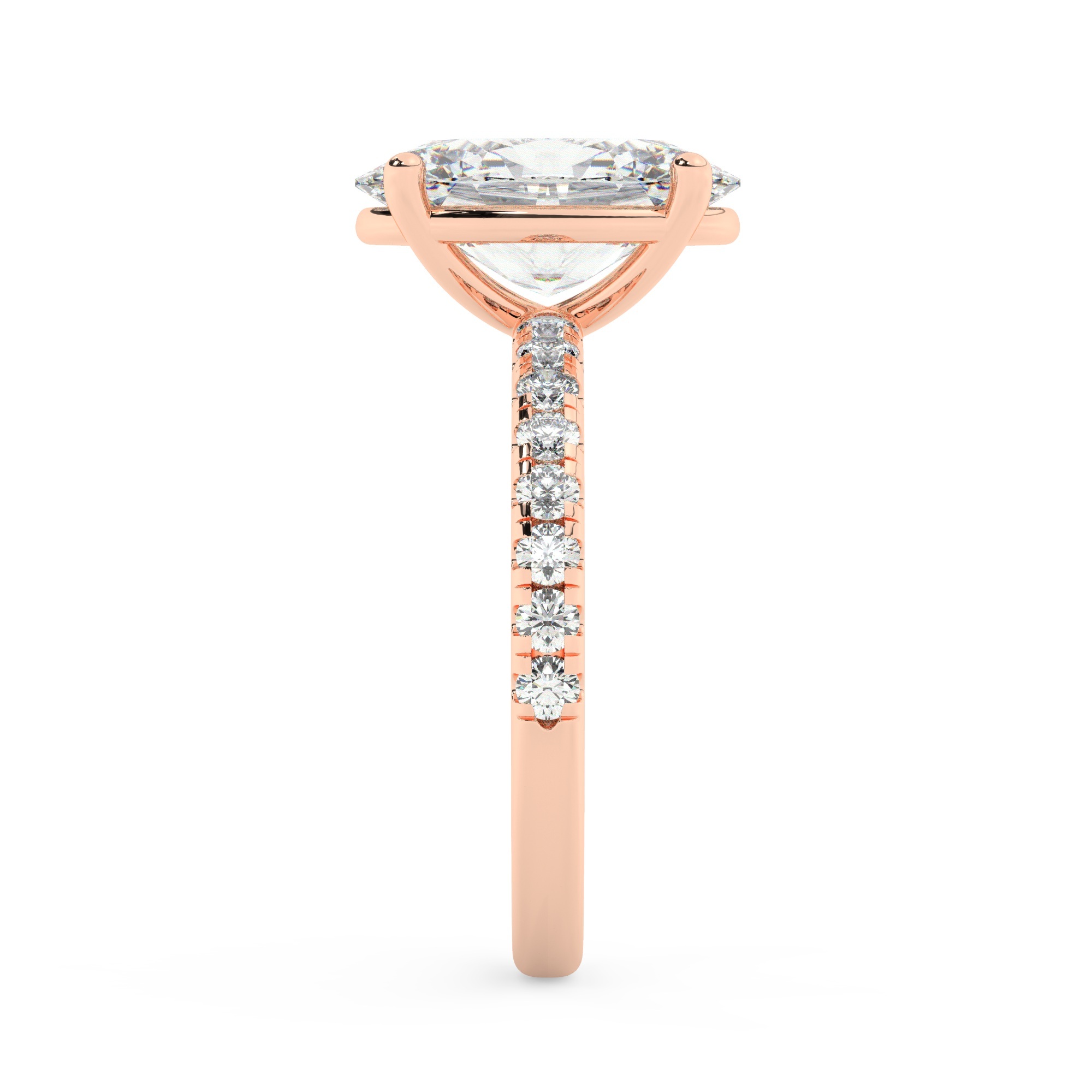 טבעת אירוסין סוליטר ומוסונייט בצדדים דגם 50037 כסף מצופה זהב אדום רוזגולד במרכז אבן מעבדה מוסונייט 4 קראט בחיתוך אובל עם תעודה גמולוגית בינלאומית GRA מסביב ובצדדים אבני מעבדה מוסונייט במשקל כולל של 0.32 קראט בחיתוך עגול – תמונה 4